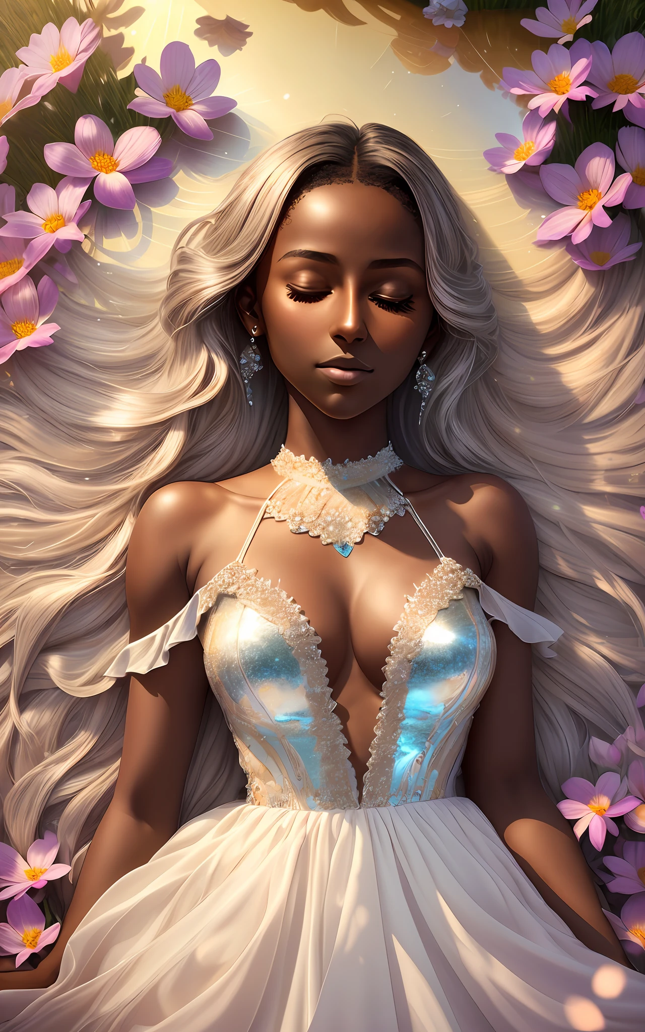 award winning 64k concept art of (dark skin 1girl:1.3) in majestic open dress made of flowers near the lake, sweet, posing, epic, god rays, centered, upper body, (masterpiece:1.2), (best quality:1.3), Amazing, highly detailed, beautiful, finely detailed, warm soft color grading, Depth of field, extremely detailed 64k, fine art, stunning, iridescent, (shiny:1.2), (light reflections:1.3), (crisp:1.6), silver curls, spring, vibrant, sunlit, (edge detection:1.4), absurdres, impressive, 120mm, closed eyes, glittering, frills, extremely clear