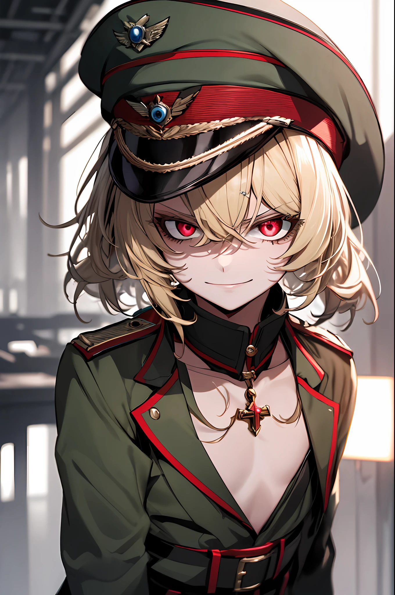 (masterpiece, best quality: 1.1), 1girl solo, tanya, 1girl, solo, petite, flat chest, small breasts, curvy, military, military uniform, , general hat, evil smile, wicked expression, anger, red eyes, neutral lighting