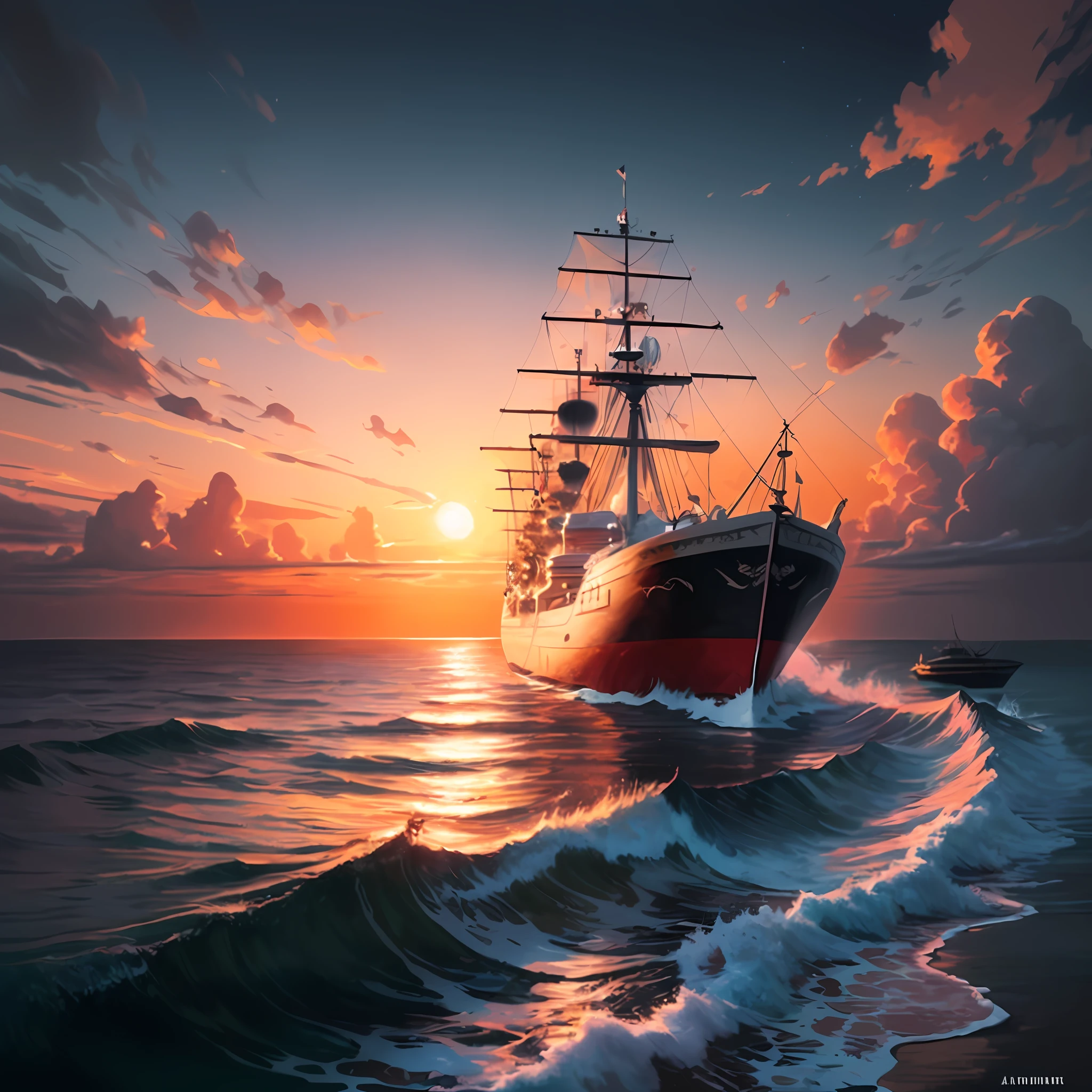 Painting of a pirate ship with a sunset in the background, detailed cover art, --Air 17:12 8K 4K high detail --auto