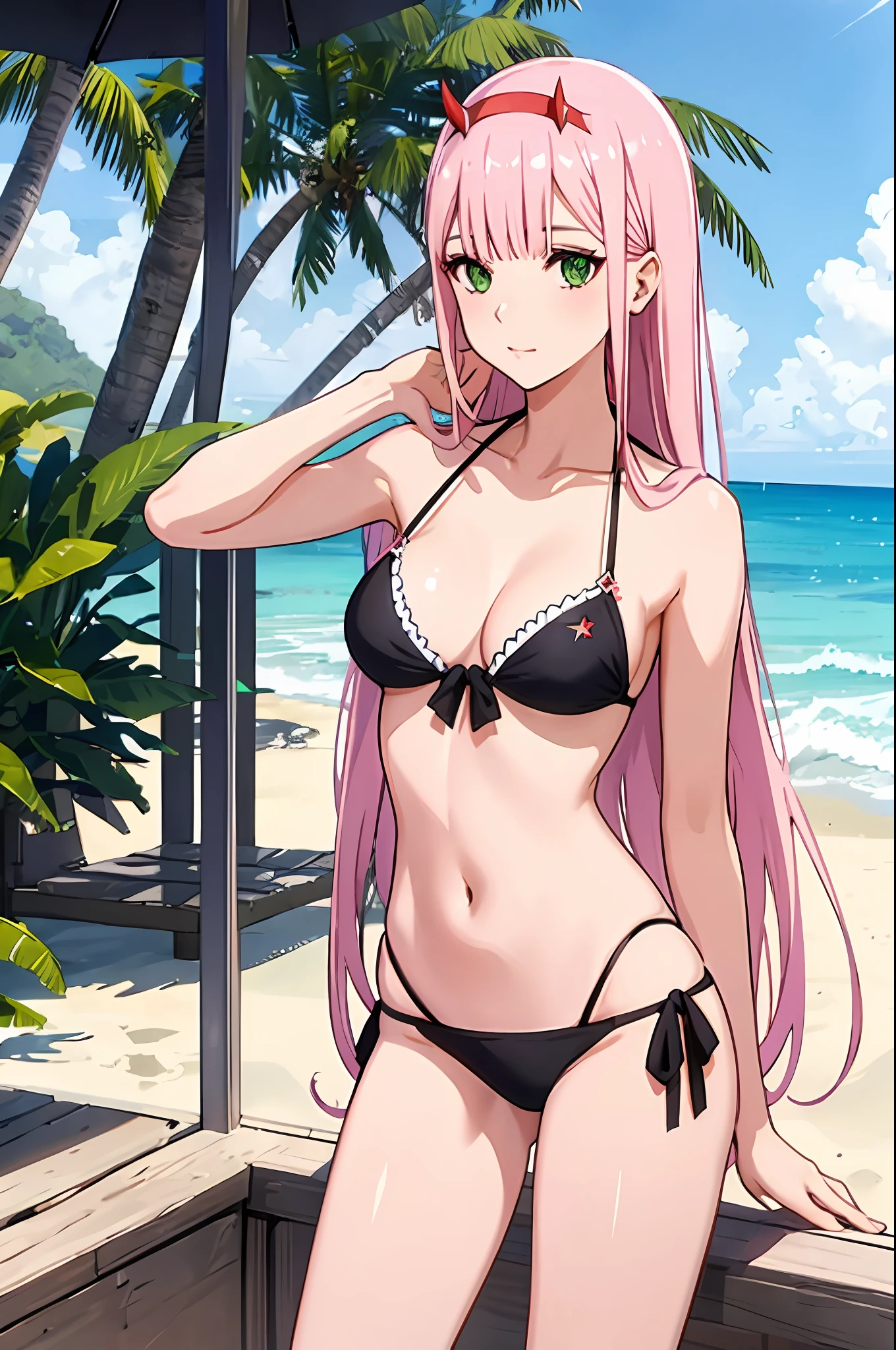 zero two, side tie bikini, medium breast, slim legs, sunny day, Beach, leaning, beautiful eyes, green eyes, nervous