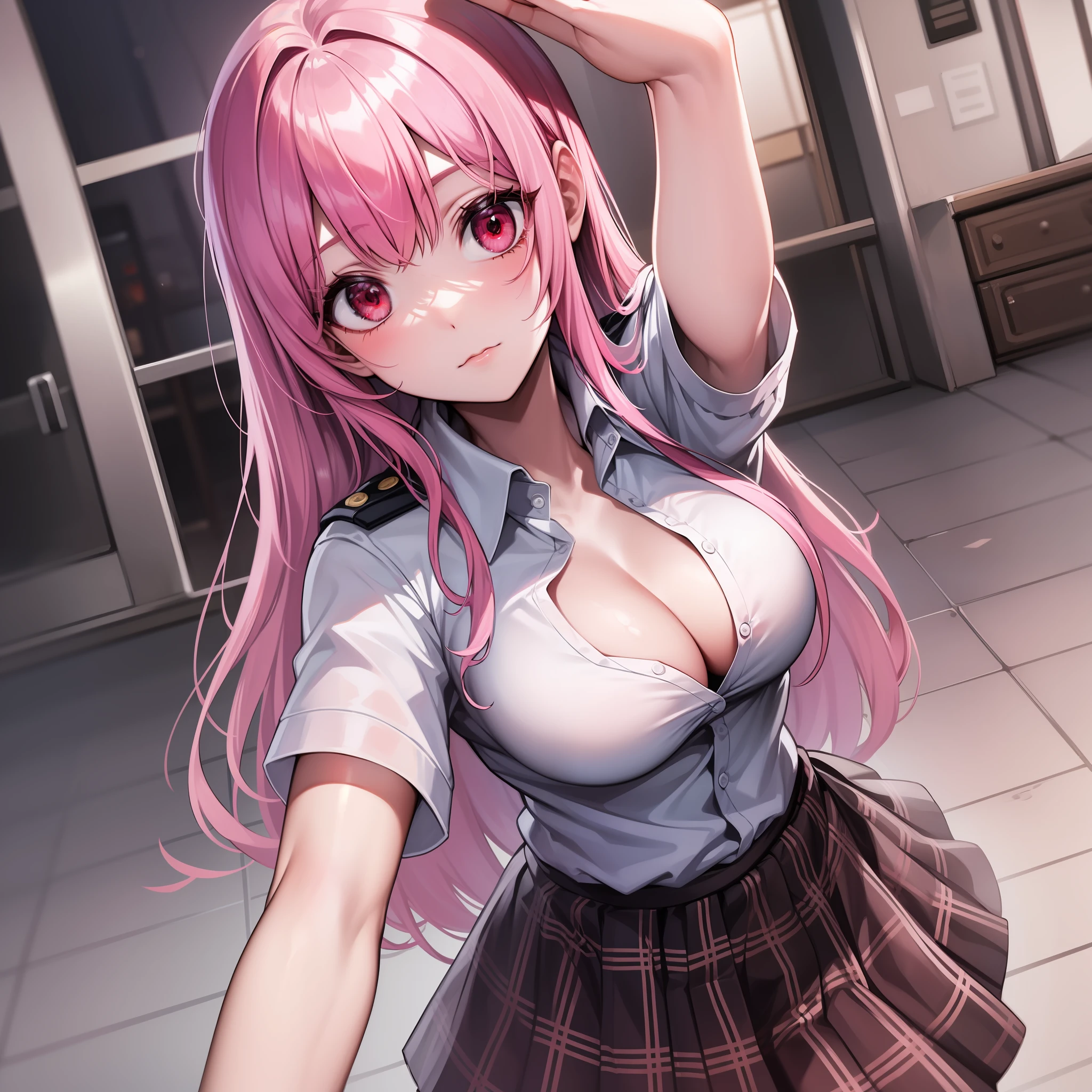 Solo, detailed face, long eyelashes, detailed eyes, (straight hair: 1.3), (red eyes: 1.3), (pink hair and white mesh: 1.2), large cleavage, slim, angle from below, inn, trying to wear a uniform, tartan checked skirt,