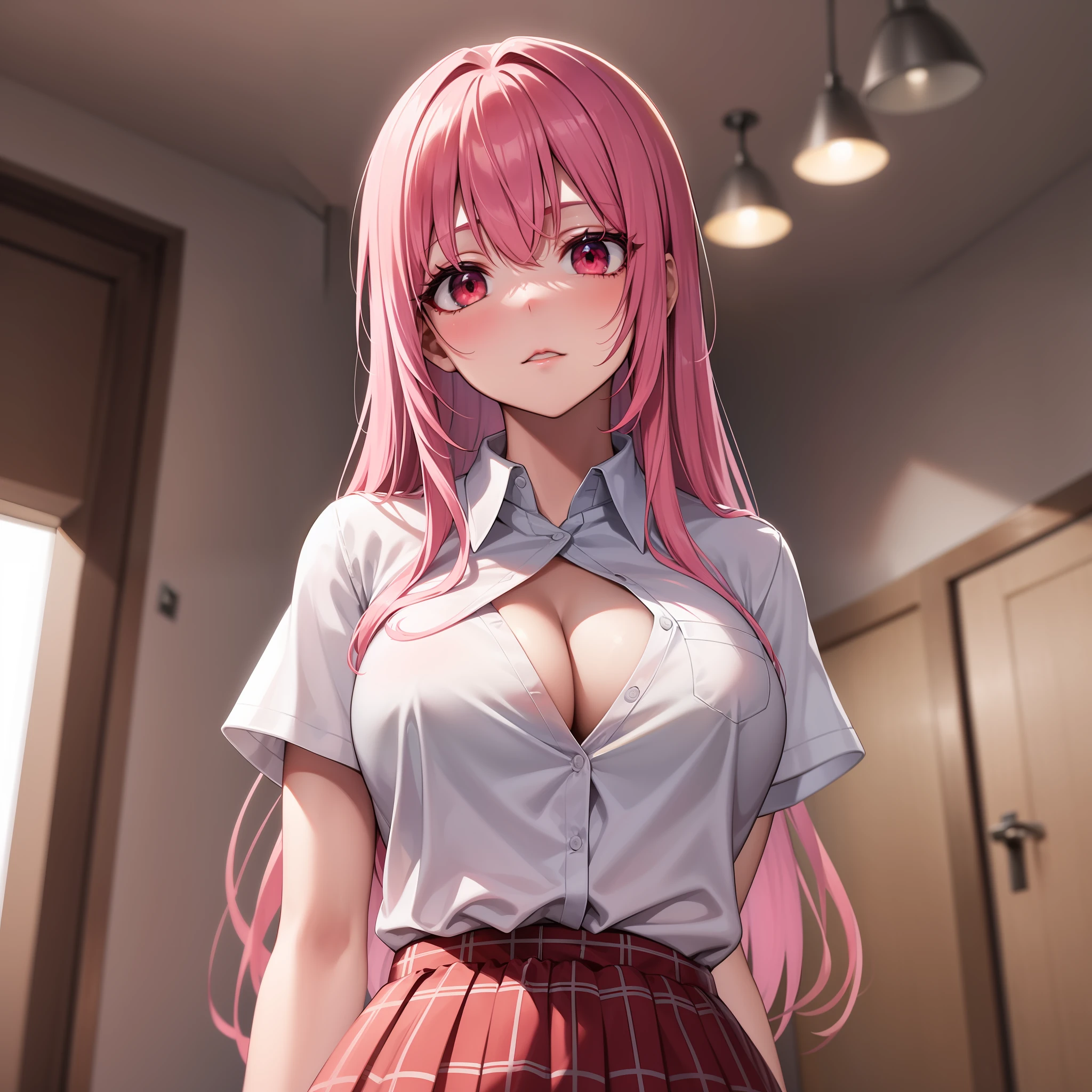 Solo, Detailed Face, Long Eyelashes, Detailed Eyes, (Straight Hair: 1.3), (Red Eye: 1.3), (Pink Hair and White Mesh: 1.2), Big cleavage, Slim, Angle from Bottom, Inn, White Shirt, Trying to Wear a Uniform, Tartan Check Skirt, Impatient