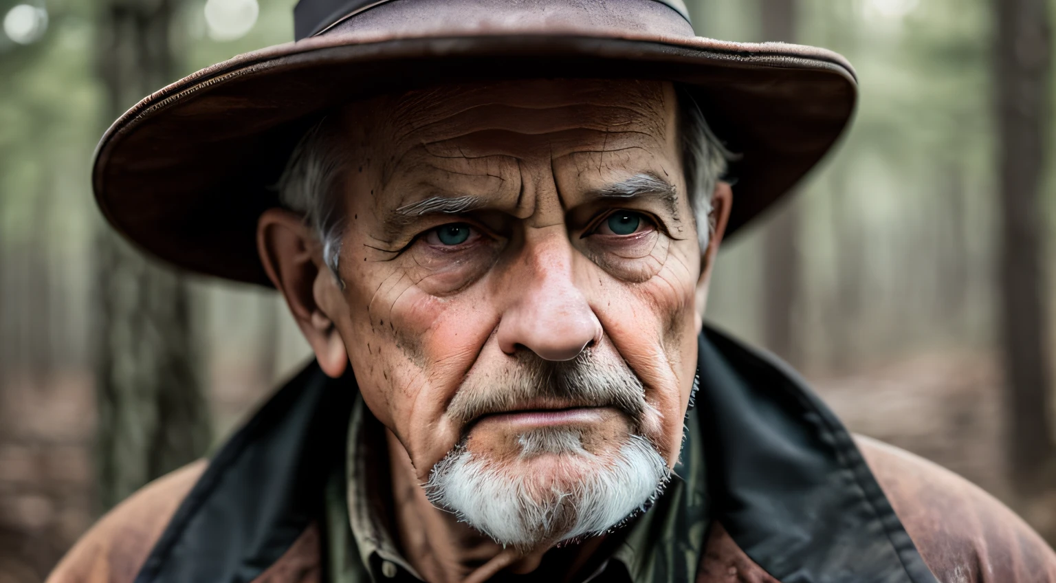 There is a man with a hat standing in the woods, 8K artistic portrait photography, portrait of a rugged ranger, dramatic cinematic portrait, cinematic epic portraits, rugged man portrait, fine art portrait photography, 8k shot portrait, cinematic portrait, matte painting portrait shot, character photography, editorial portrait, environmental portrait, portrait photo portrait of an old man --auto