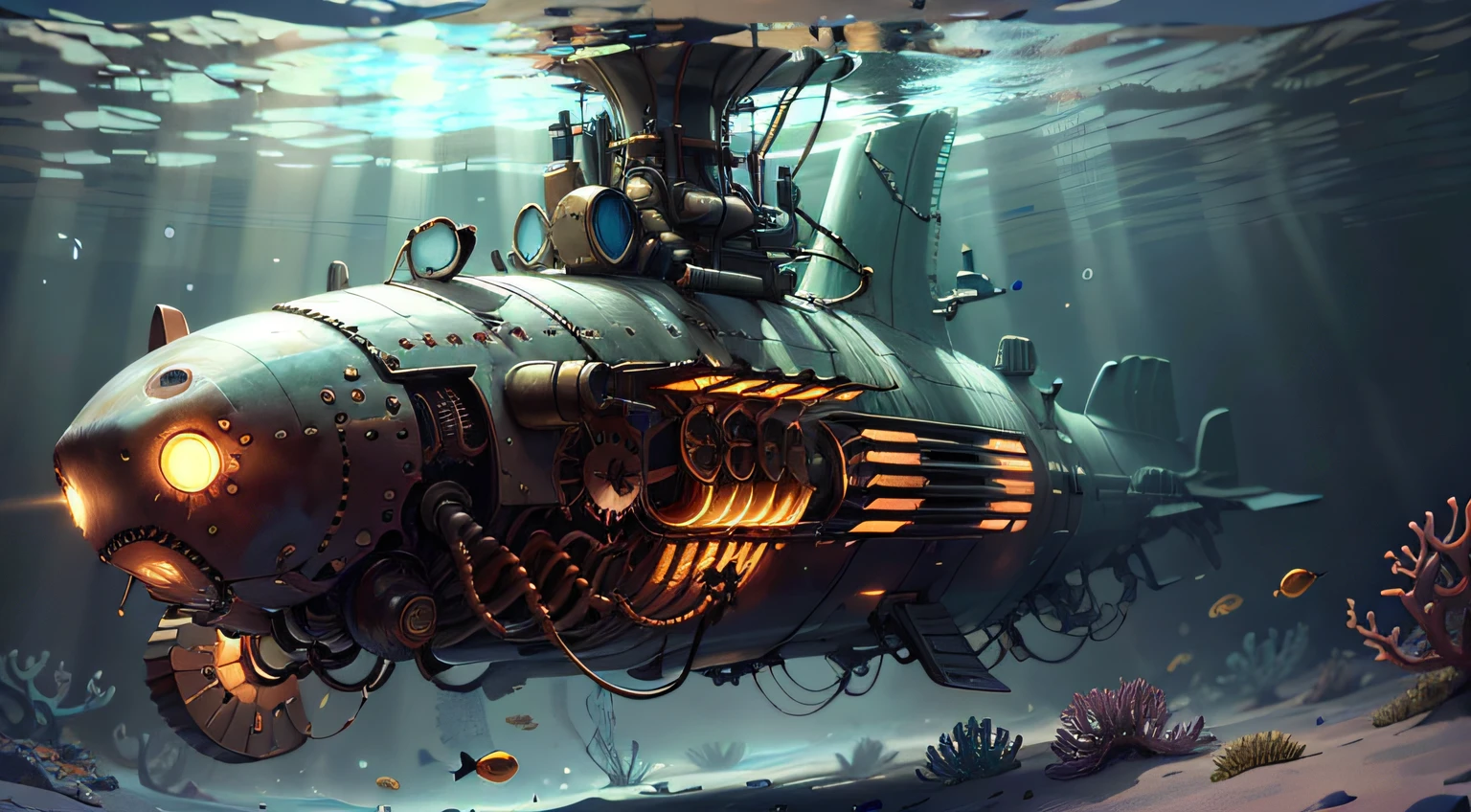 SteamPunk Ai in an underwater scene with a submarine. Dynamic lighting. Digital art.