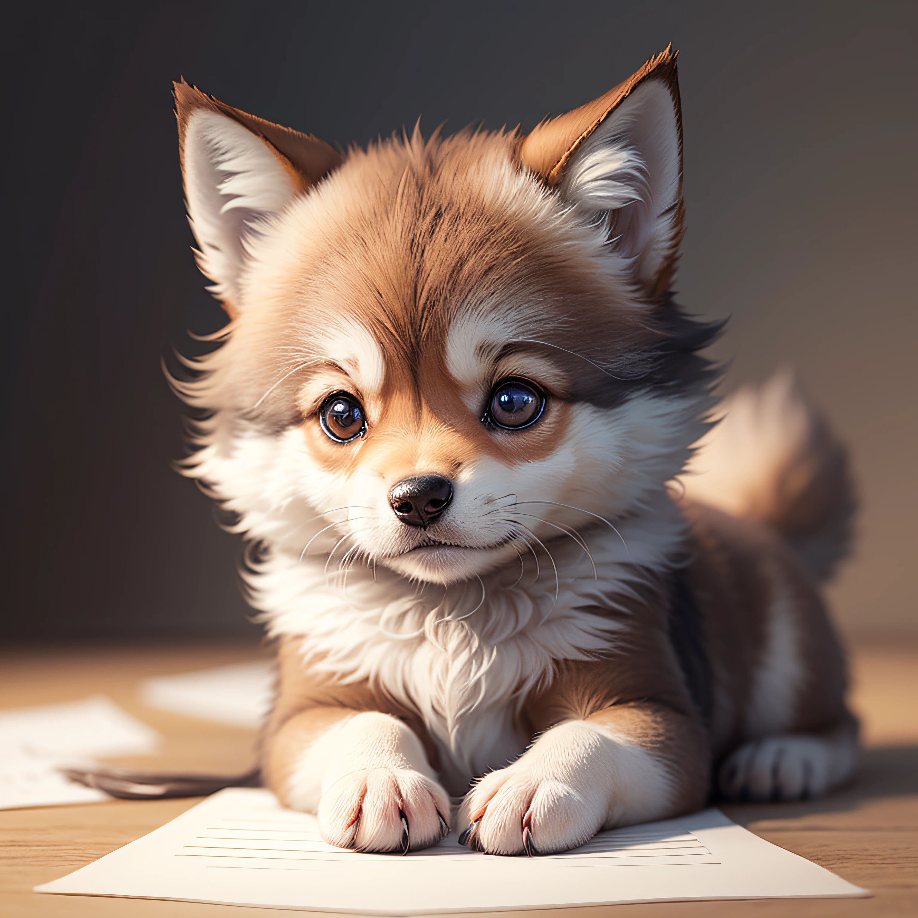 Generate an image of an adorable cub wolf with goosebump hair in a drawing style. The image should appear to have been drawn on a blank sheet of paper. Use soft, smoky colors to add a delicate touch. Be sure to capture the puppy's cute expression and the texture of its goosebump fur. The drawing should convey a sense of tenderness and charm.
