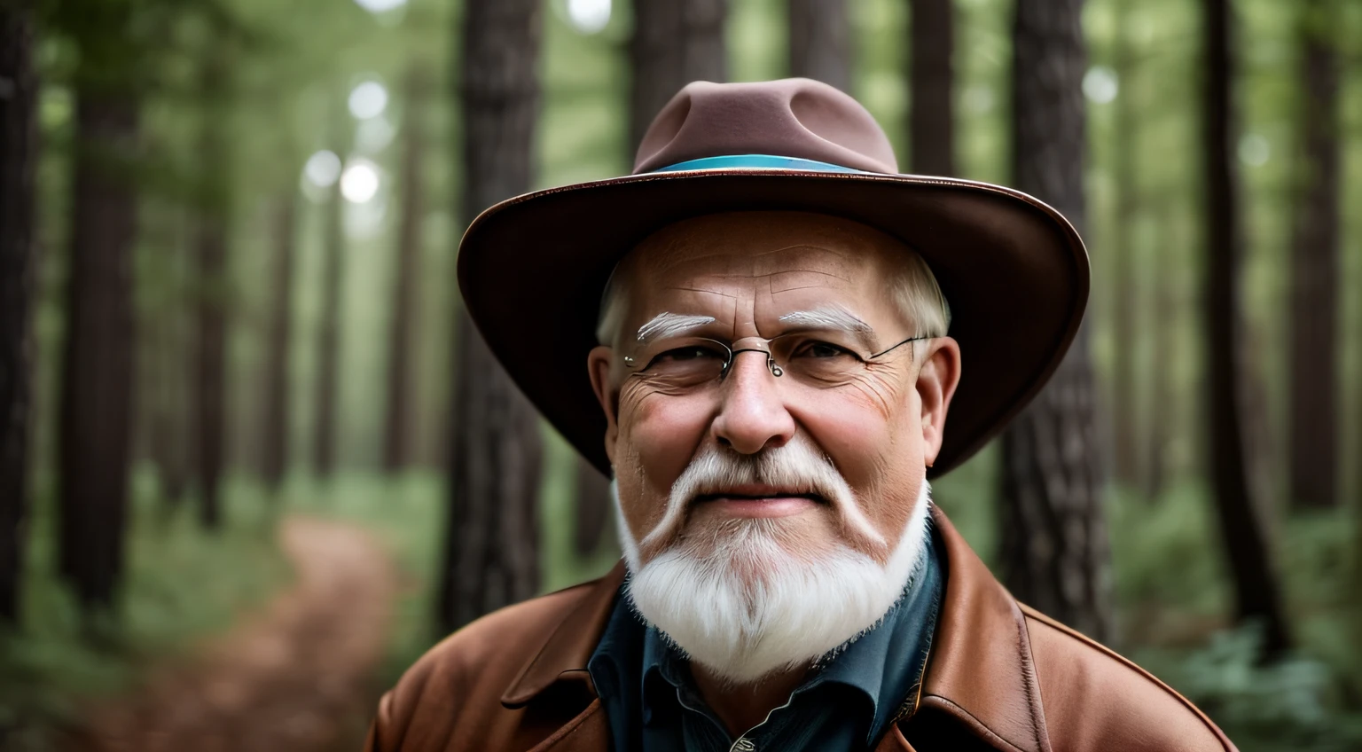 there is an old man, white haired, white beard, smiling, with a brown hat, standing in the woods, 19th century clothes, brown clothing, 8k artistic portrait photography, portrait of a robust ranger, dramatic cinematic portrait, cinematic epic portraits, sturdy man portrait, fine art portrait photography, 8k shot portrait, cinematic portrait, matte painting shot portrait,  character photography, editorial portrait, environmental portrait, portrait photo of an old man --auto