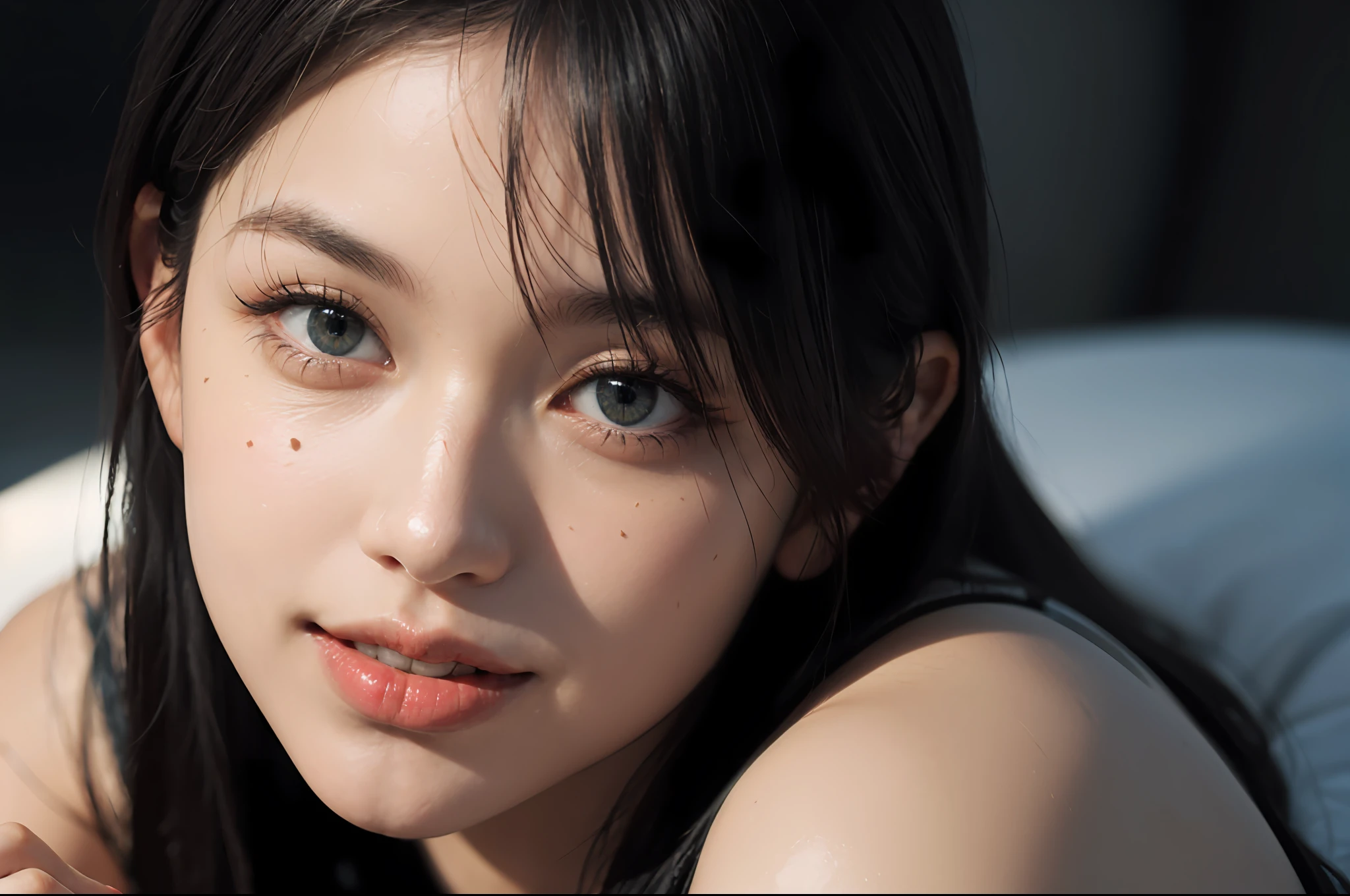 best quality, masterpiece, high resolution,4k,1girl, ultra-detailed, surreal, highly detailed CG illustration, official art, cinematic light, reality, green eye shadow, long eyelashes, black eyeliner, blue beautiful eyes, smile, sports fashion clothes, confidence, head up, sexy legs, big red lips, high cold, extremely detailed face, extremely detailed skin texture, face close-up,