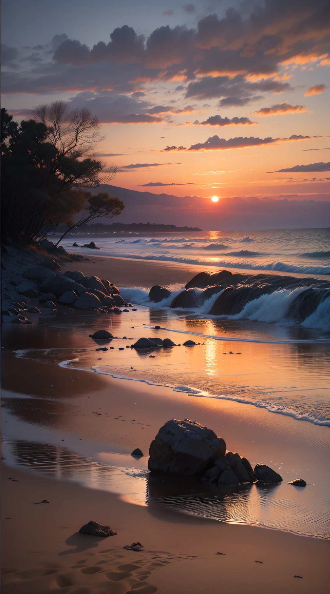 On the beach, the soft dusk light of the setting sun shines on the landscape under the composition of the third, presenting a post-impressionist style.