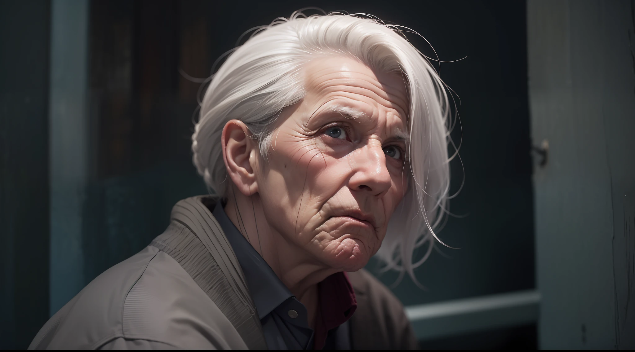 Lens: Medium view
Alone
Gender: Male
Age: 80 years old
Hair color: white
Appearance: Face full of wrinkles
Action: Stending
Scenario: Rural
Environment: Outside the dilapidated tile house
Atmosphere: Tense and eerie
night
