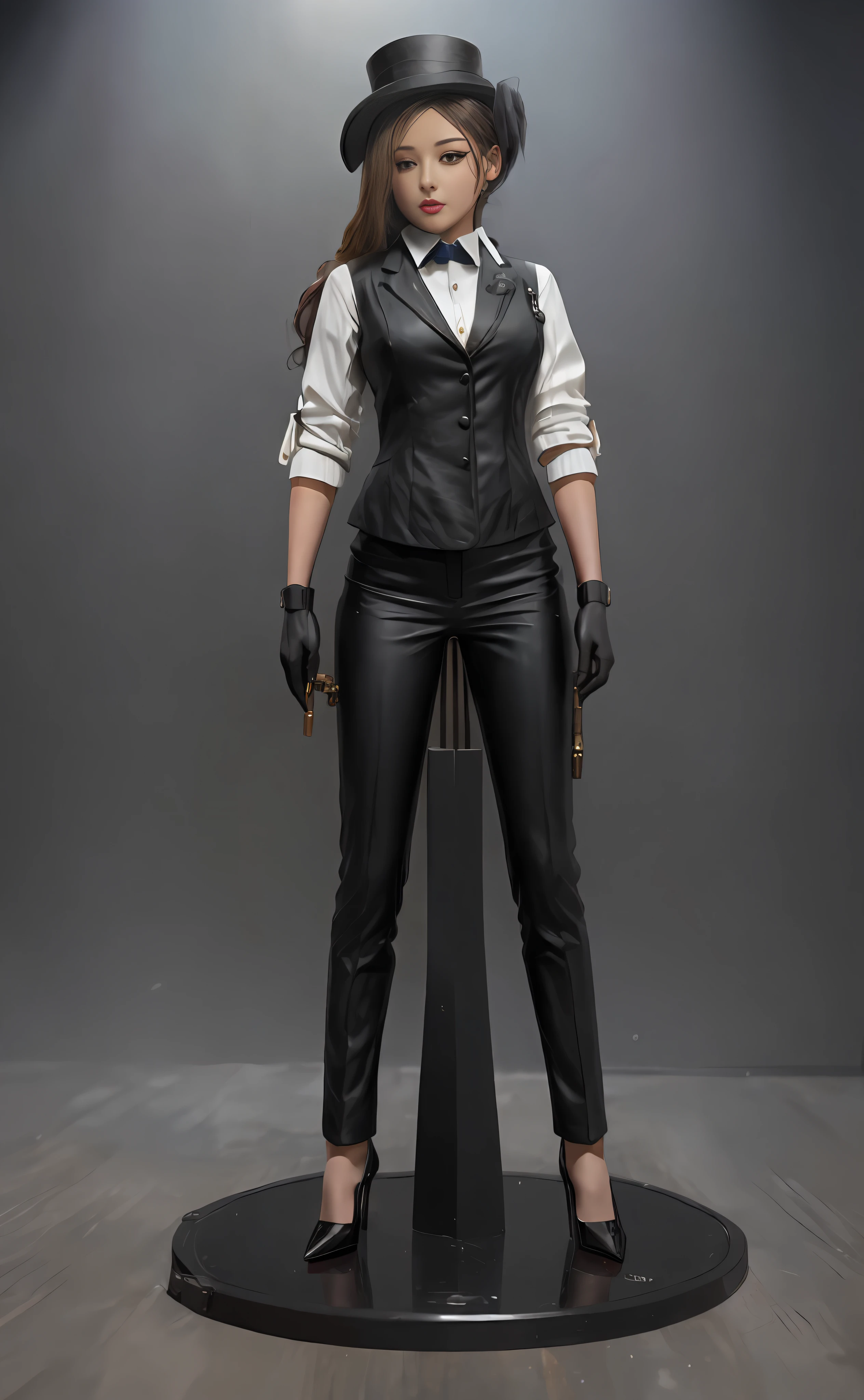 There is a woman in a black suit and a black top hat with a gun, busty breasts, detailed images, mechanical punk costume, suit vest and top hat and gloves, full body 1/6 Nihei Tsutomu, very detailed and rich costumes, costumes, detailed pictures, detective costumes, women's costumes, detail textures, very detailed and high quality, (highly detailed figures)