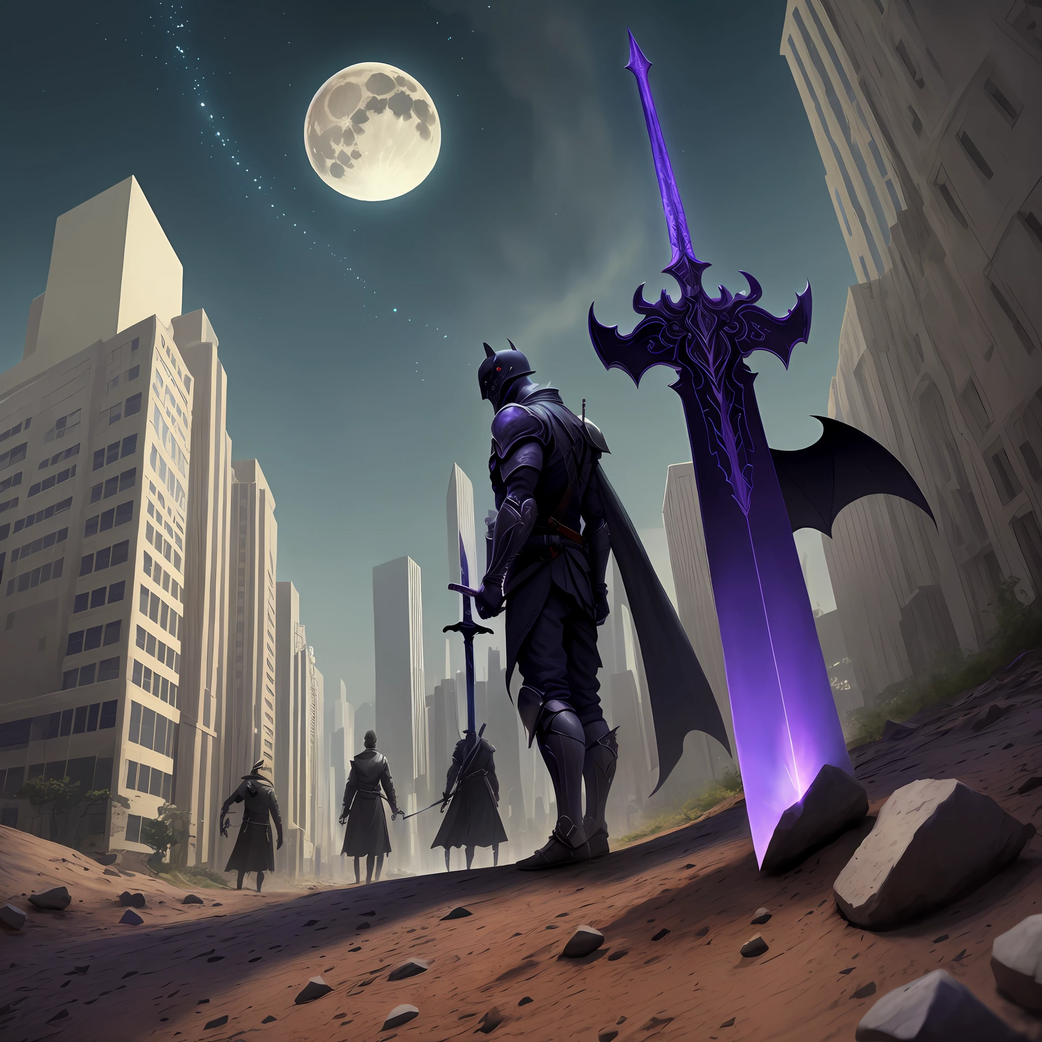 At night, the city streets, the moon, tall buildings, Saikpenbo, 100 meters high sword stuck in the ground, there are cracks in the ground, the sword body glows purple, the hilt has complex patterns, there is no one around, there are bats flying in the sky. The sword has a shadow. From the ground perspective, the sword is the main body, and the sword occupies most of the space