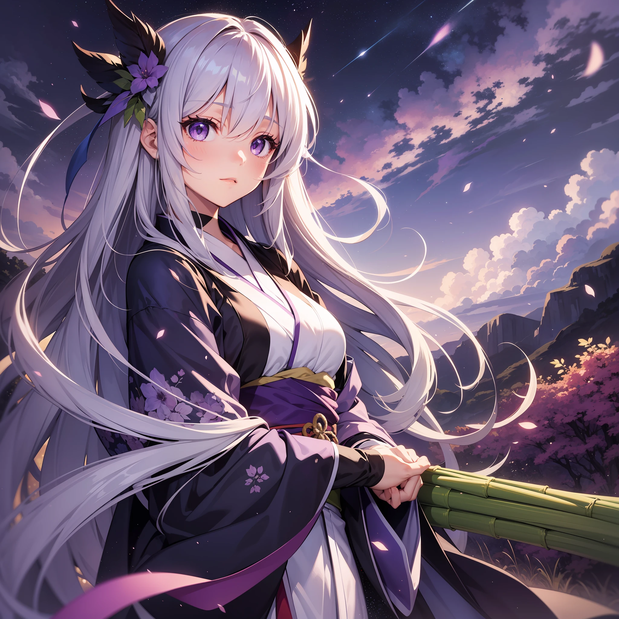 Highest image quality Original character, shining bamboo forest, volume lighting, purple and silver gradient long hair, summer kimono, background painting Ghibli wind, ground is the sea, purple cumulonimbus clouds, dusk, starry sky, surrounded by purple light particles, another dimension