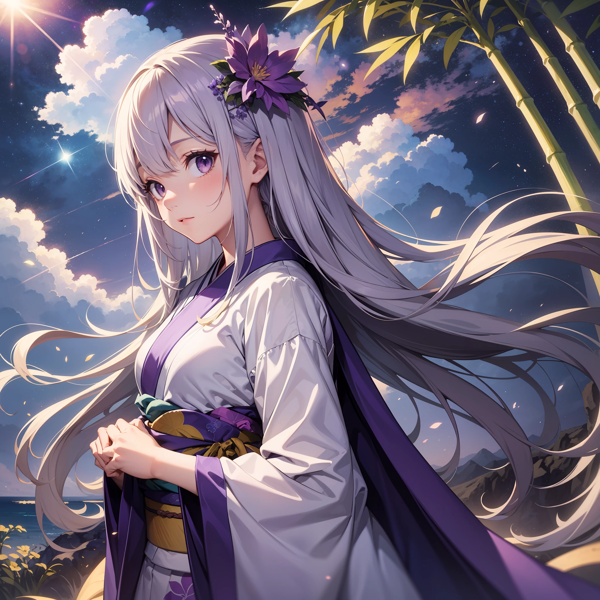 Highest image quality Original character, shining bamboo forest, volume lighting, purple and silver gradient long hair, summer kimono, background painting Ghibli wind, ground is the sea, purple cumulonimbus clouds, dusk, starry sky, surrounded by purple light particles, another dimension