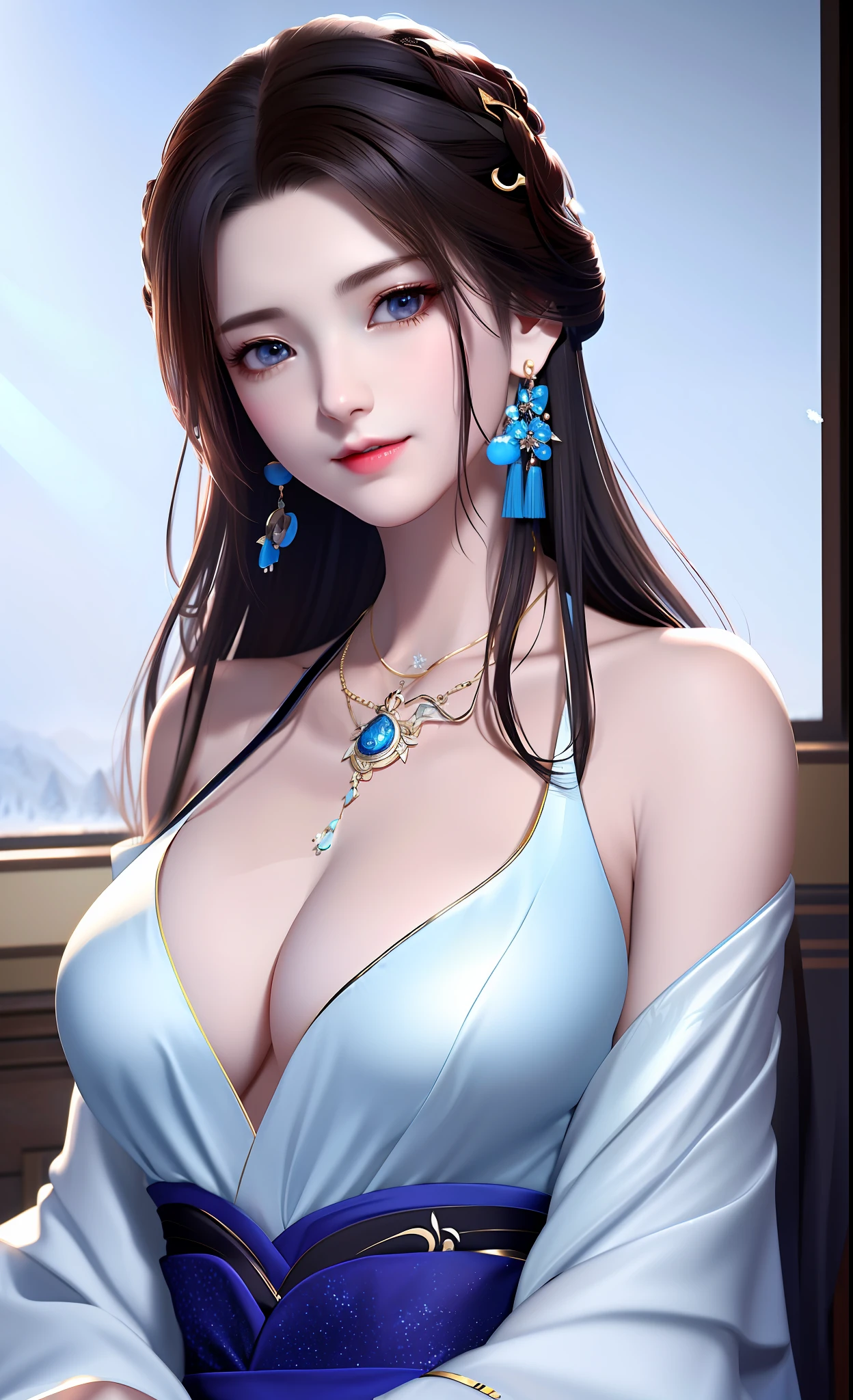 ((extremely detailed CG)), ((8k_wallpaper)), (masterpiece),best quality, high resolution illustration, hyperdetailed, highres,((Overexposure)),
bare shoulders,(Upper body),head tilt, seiza, seductive smile,
1girl,long hair,beautiful_face,Highly detailed and beautiful eyes,(an extremely delicate and beautiful),(Beautiful and detailed facial depiction),Mature women
Chinese antique clothing,White and blue Taoist robe,earrings,necklace,
Winter snow,