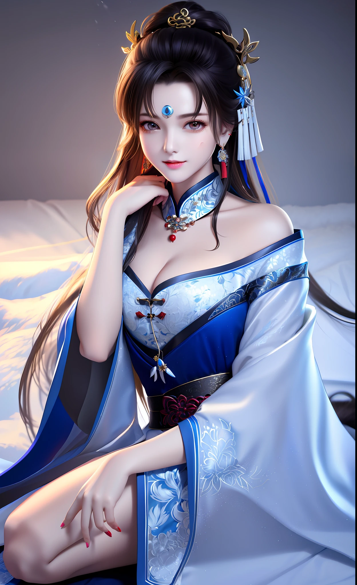 ((extremely detailed CG)), ((8k_wallpaper)), (masterpiece),best quality, high resolution illustration, hyperdetailed, highres,((Overexposure)),
bare shoulders,(Upper body),head tilt, seiza, seductive smile,
1girl,long hair,beautiful_face,Highly detailed and beautiful eyes,(an extremely delicate and beautiful),(Beautiful and detailed facial depiction),Mature women
Chinese antique clothing,White and blue Taoist robe,earrings,necklace,
Winter snow,
