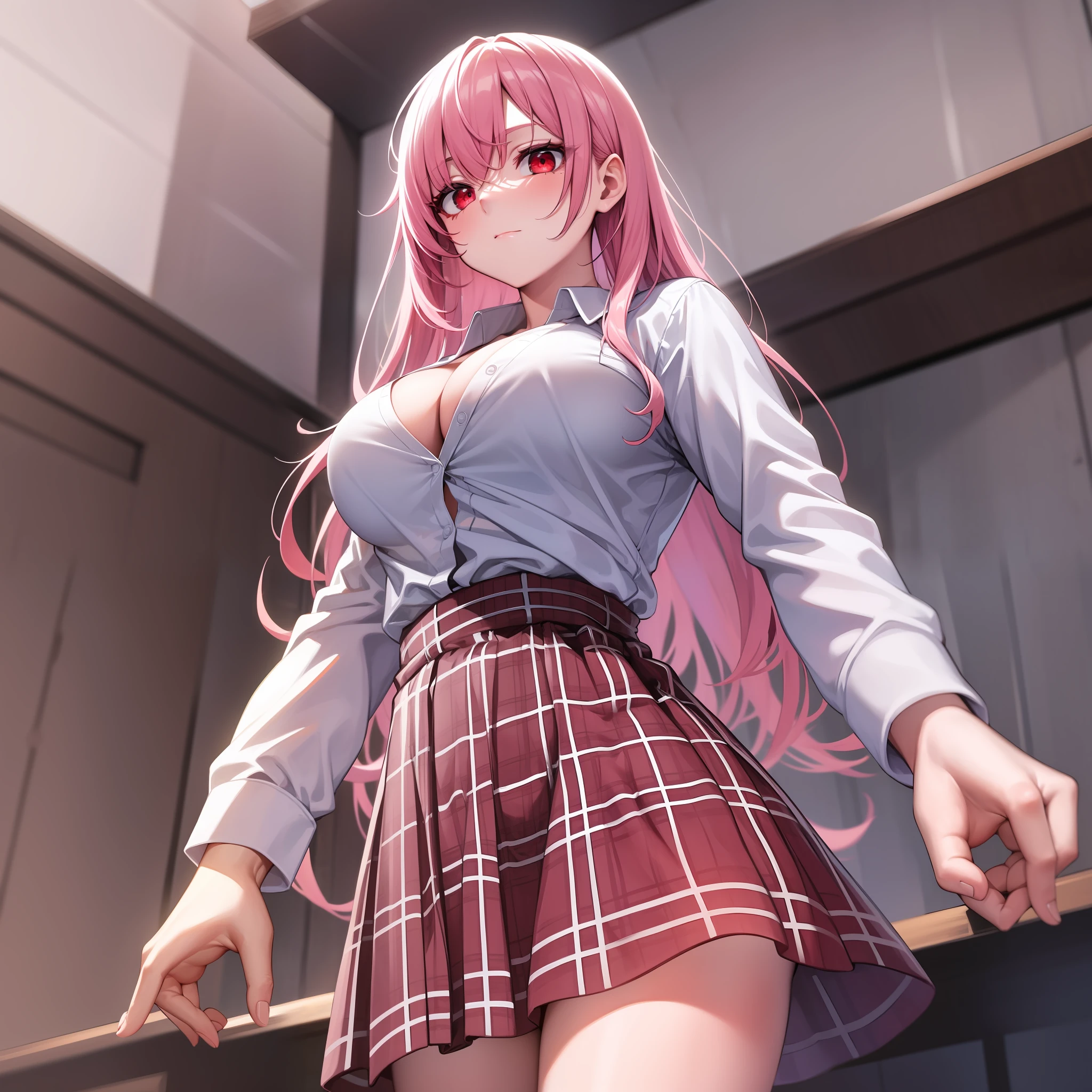 Solo, Detailed Face, Long Eyelashes, Detailed Eyes, (Straight Hair: 1.3), (Red Eyes: 1.3), (Pink Hair and White Mesh: 1.2), Big cleavage, Slim, Angle from below, Inn, While changing into a white shirt, tartan check skirt, impatient