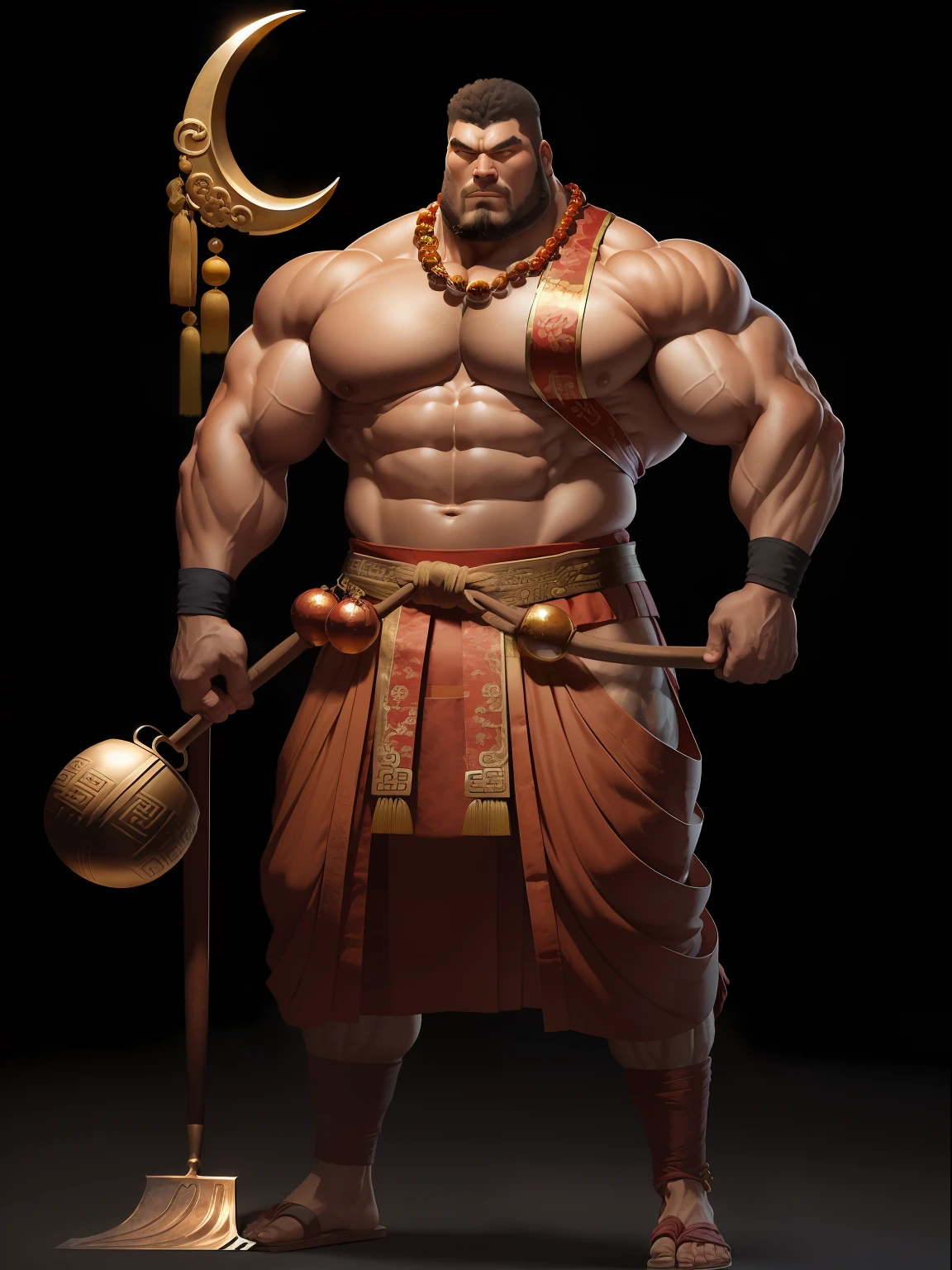 Chinese, 45 years old, Song Dynasty costume, holding a crescent shovel, hanging a large Buddha bead, with a strong and burly physique, giving people an awe-inspiring sense of existence. His body is robust, and his broad shoulders and powerful arms show his immense strength. Despite his imposing stature, he possesses a kind and approachable demeanor.