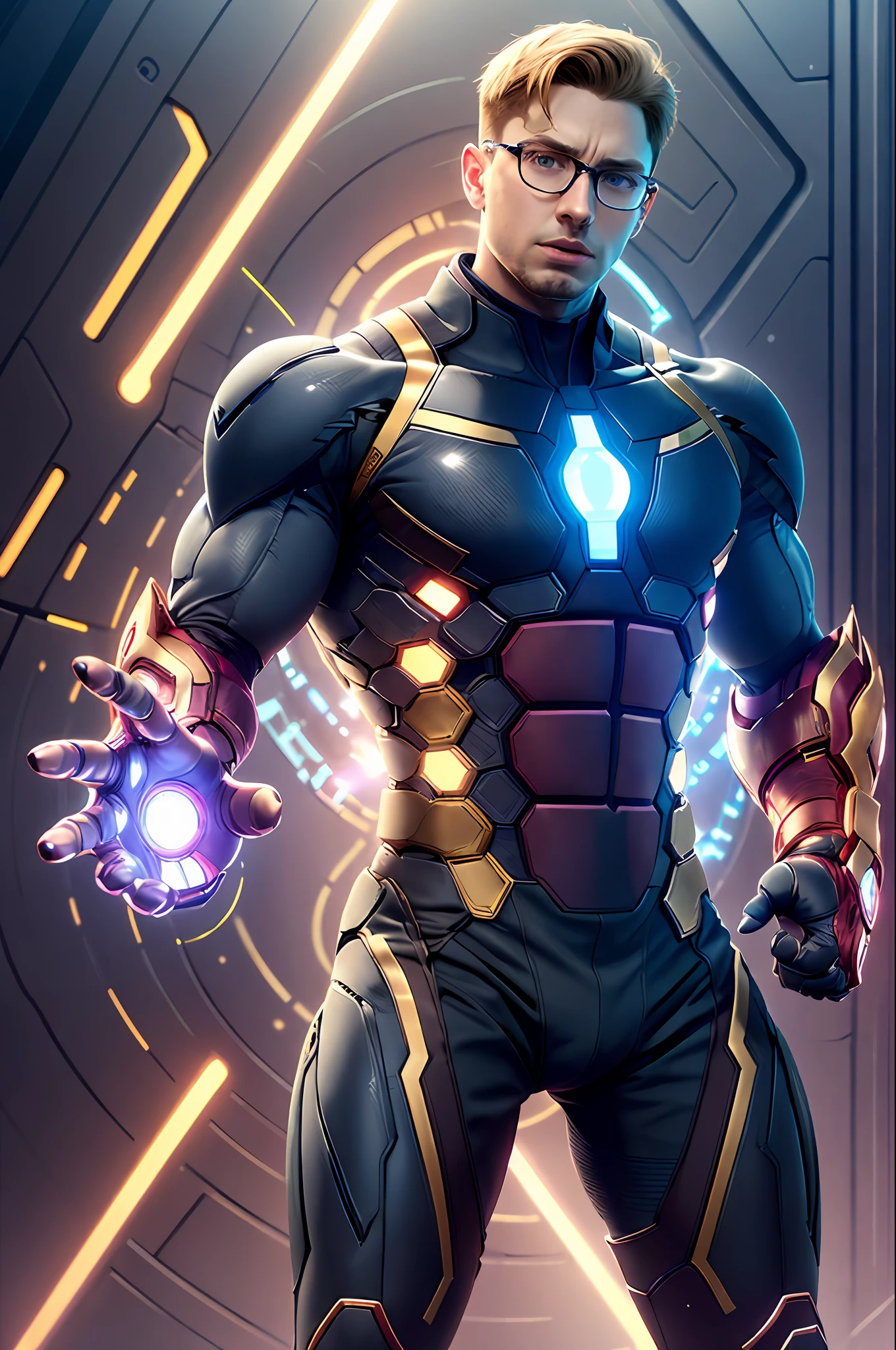 Steve Rogers, glasses, elegant black suit, with infinity gauntlet and sc3pt4 style