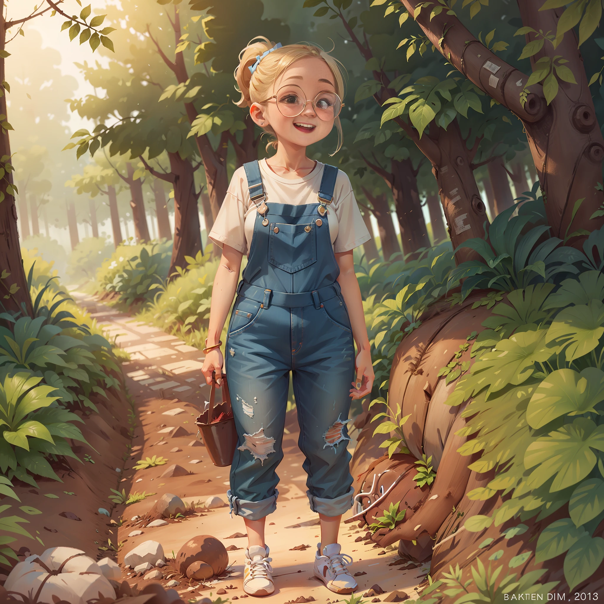 A beautiful -yeld gi blonde hair, ponytail, blue overalls, white sneakers, prescription glasses, looked happy. standing, (((soil)))