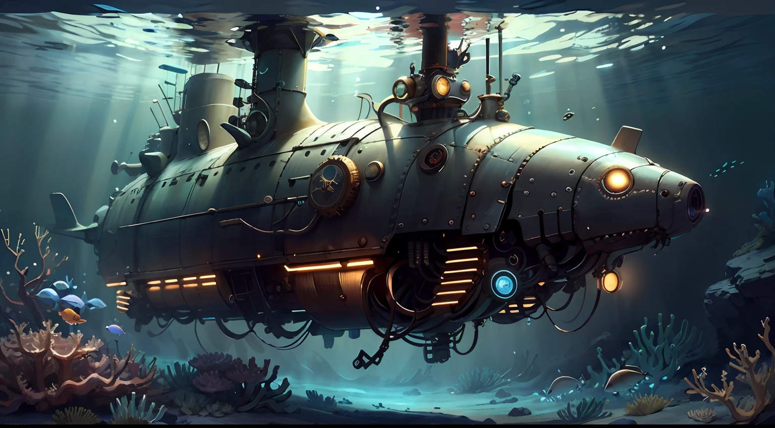 Steampunk AI in an underwater scene with a submarine. Dynamic lighting. Digital art.