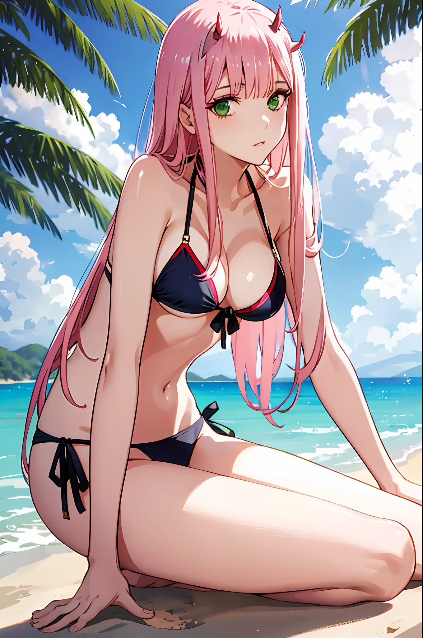 zero two, side tie bikini, medium breast, slim legs, sunny day, Beach, leaning, beautiful eyes, green eyes, nervous