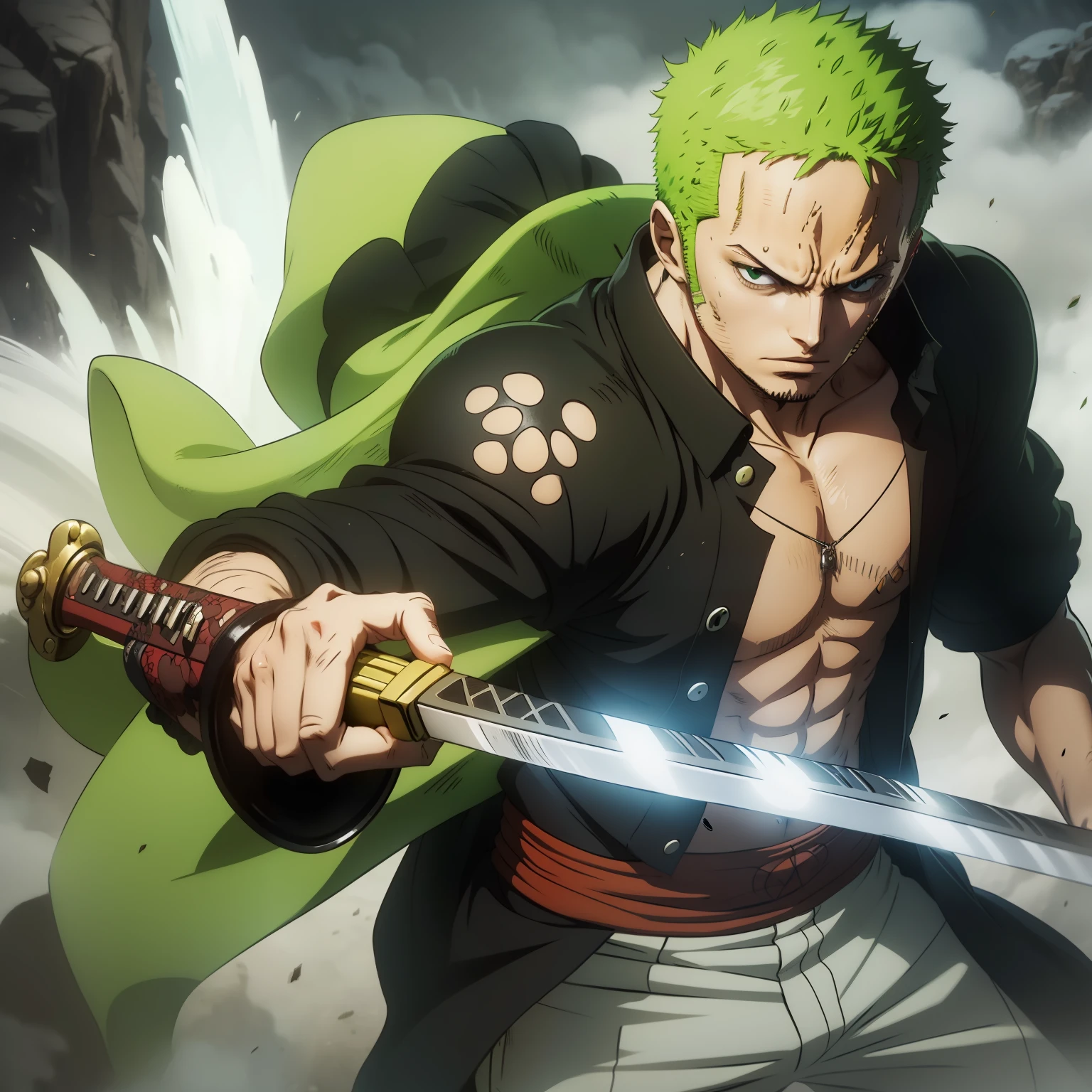 zoro fighting, epic, sword, green, battle, one piece