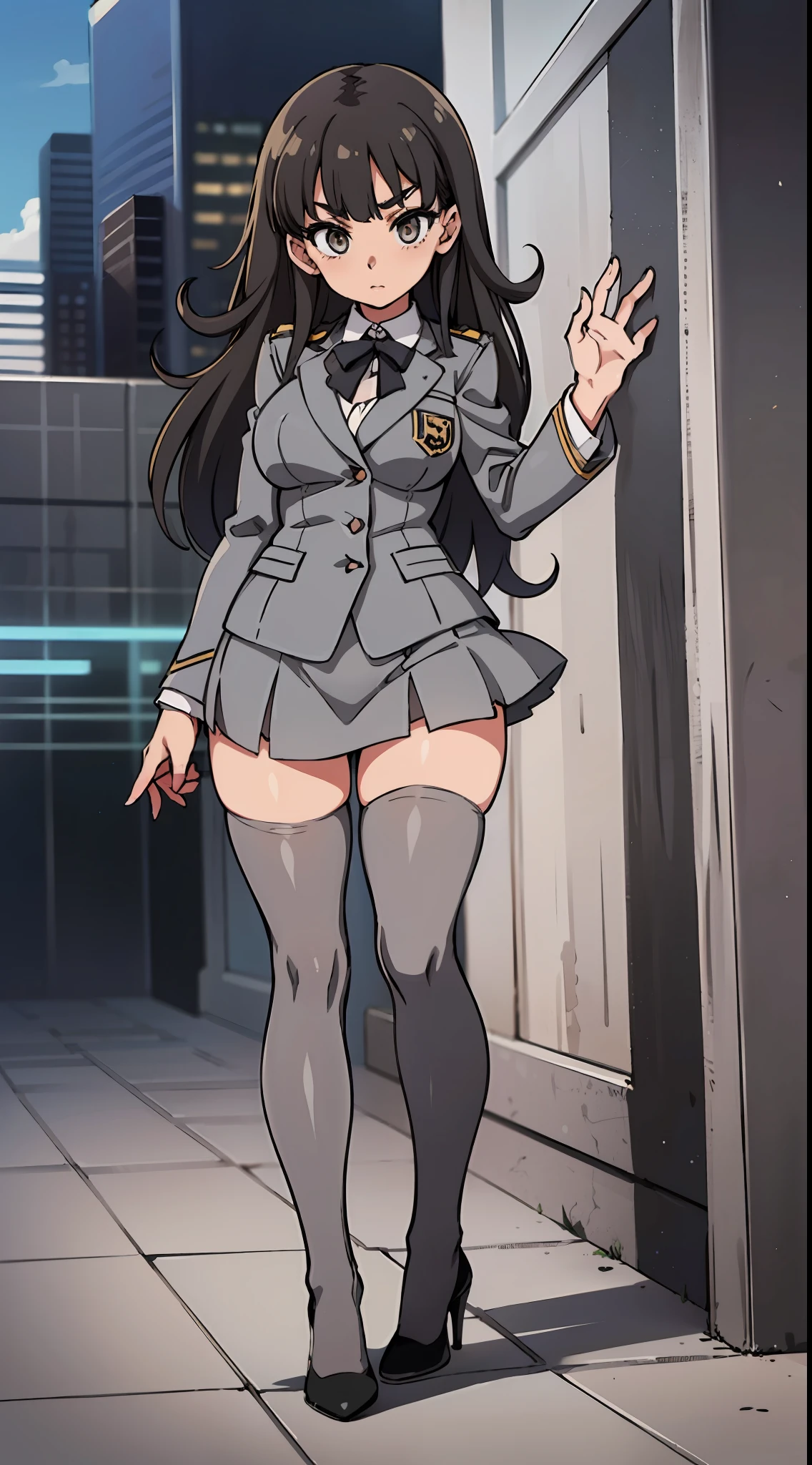 an anime style picture of the girl in the short skirt and white thigh high socks and high heels, 1girl, hazel eyes, long brown curly hair, solo, ((gray blazer, gray skirt, gray thigh high socks, black high heels, uniform)), highly detailed face, perfect feet, portrait, full body