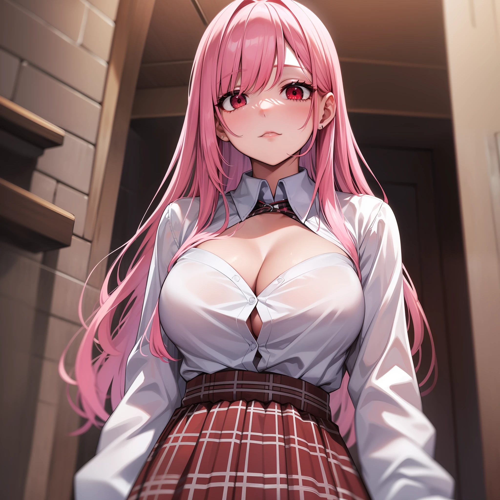 Solo, Detailed Face, Long Eyelashes, Detailed Eyes, (Straight Hair: 1.3), (Red Eyes: 1.3), (Pink Hair and White Mesh: 1.2), Big cleavage, Slim, Angle from below, Inn, While changing into a white shirt, tartan check skirt, impatient