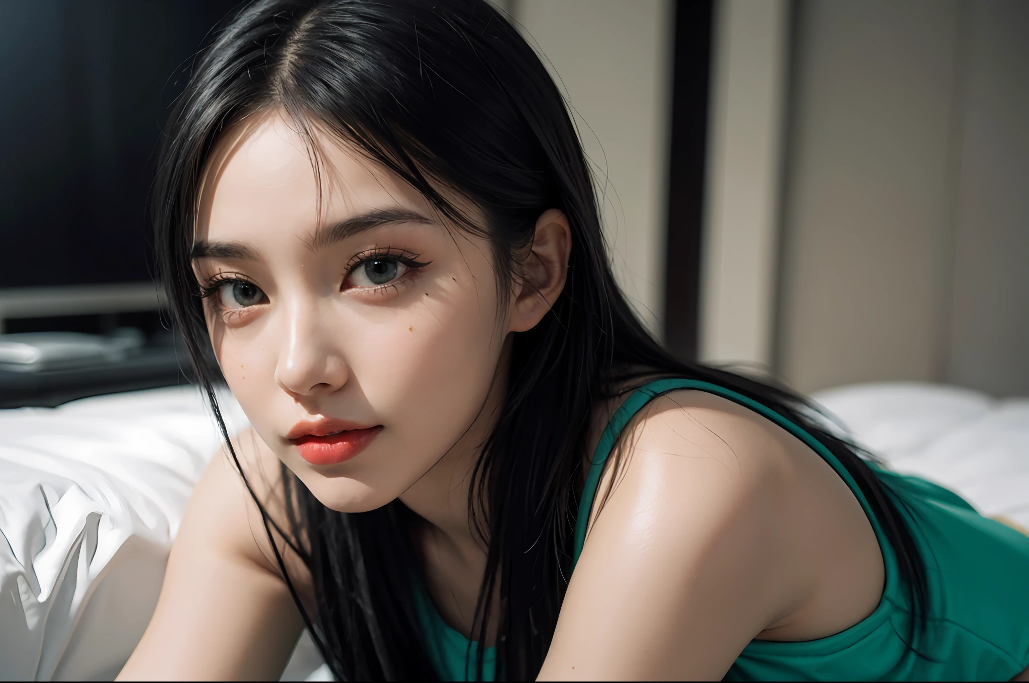 Best Quality, Masterpiece, High Resolution,4K,1girl, Ultra Detailed, Surreal, Highly Detailed CG Illustration, Official Art, Cinematic Light, Reality, (Green Eyeshadow) Long eyelashes, black eyeliner, blue eyes, smile, sporty fashion clothes, confidence, head up, sexy legs, big red lips, high cold, extremely detailed face, extremely detailed skin texture, face close-up,