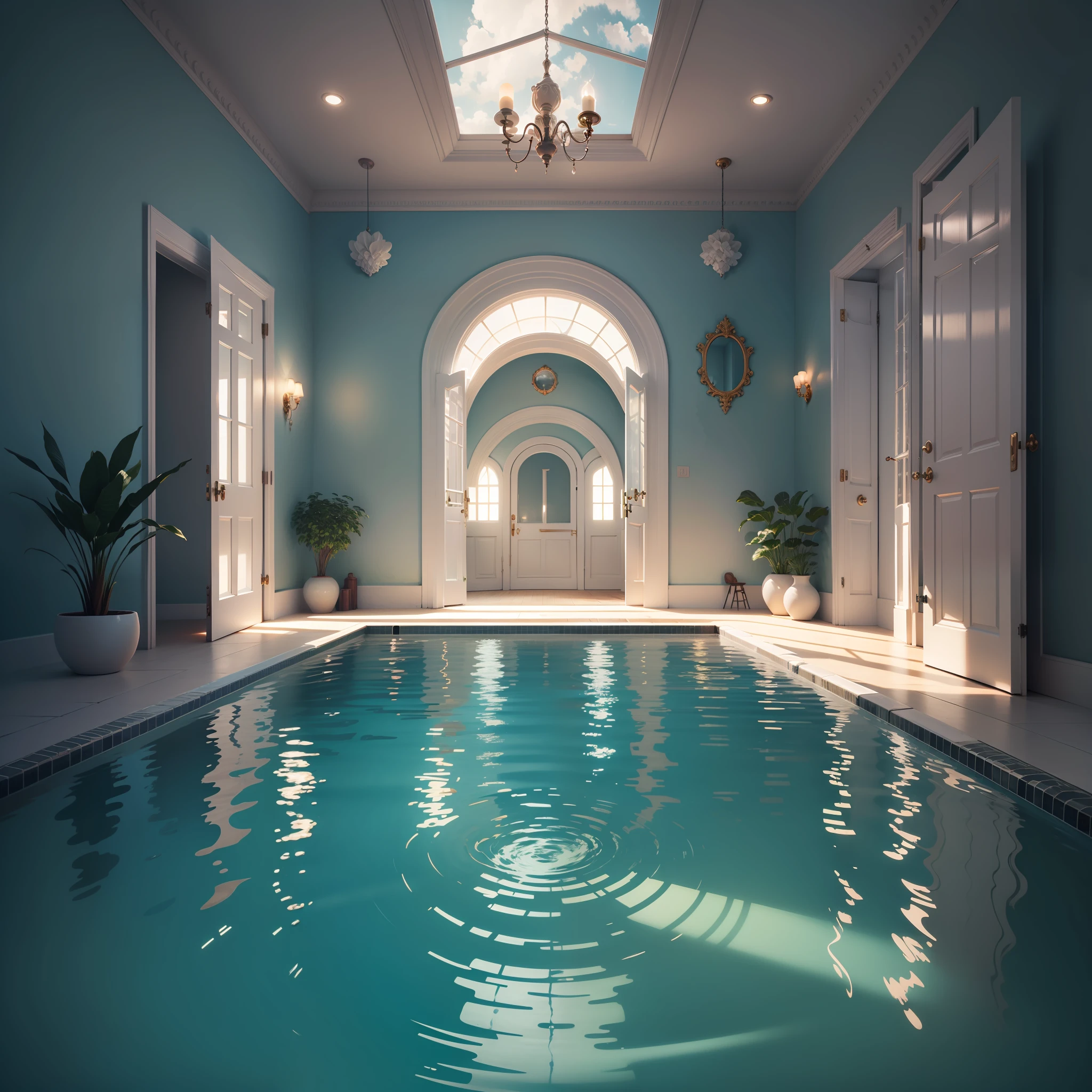 Pool backrooms, soft lighting, warm lighting, large windows, beautiful pool, tranquility, tranquility, bizarre shapes, pool of unusual shape, 8k, best quality, reality, ray tracing, best tracetrace rays, bloom, realistic