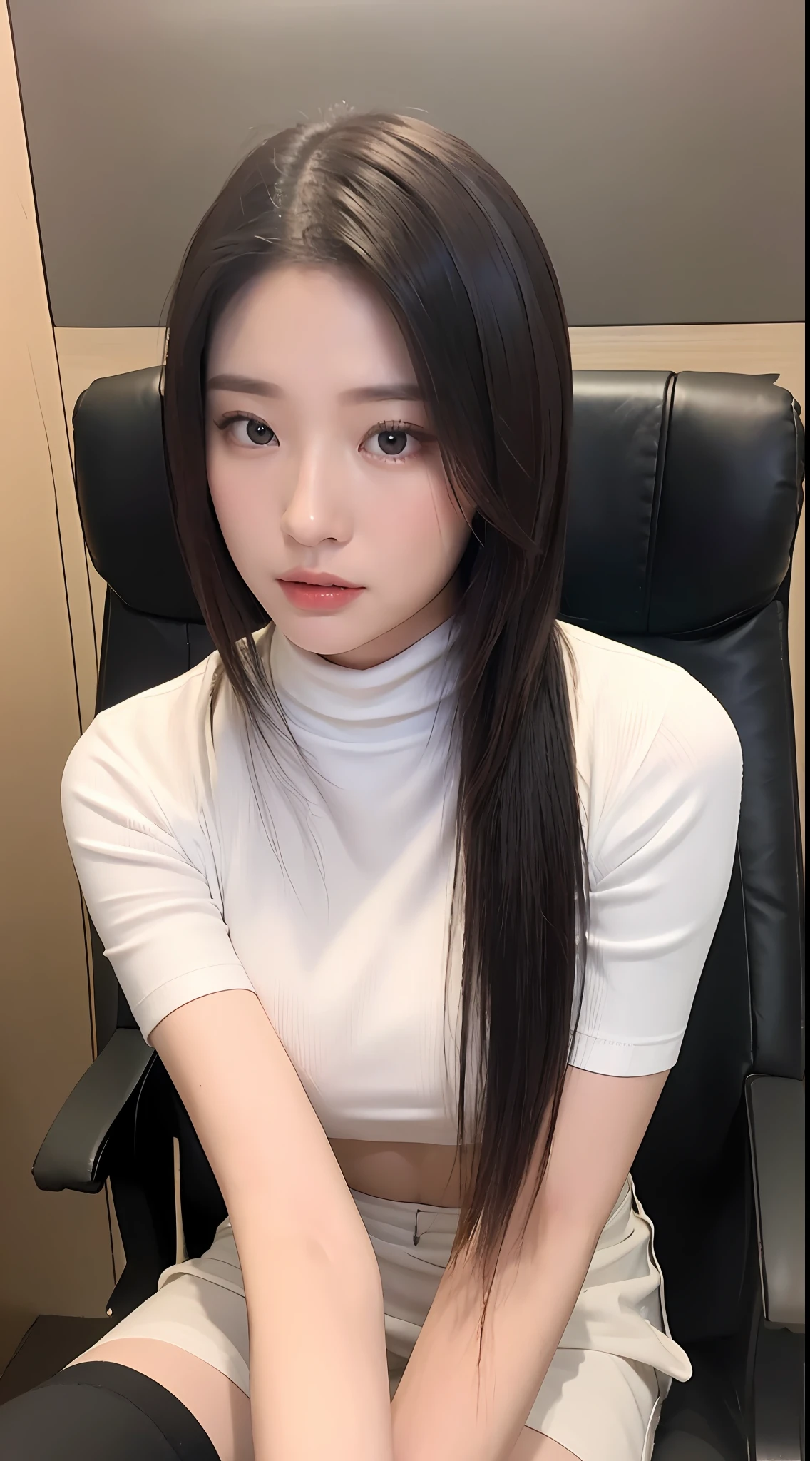 ((Best quality, 8k, Masterpiece :1.3)), Sharp focus :1.2, Perfect Body Beauty:1.4, Slim Abs:1.2, ((Layered Hairstyle, Breasts:1.2)), (Street:1.2), Highly detailed face and skin texture, Fine eyes, Double eyelids, Temptation, Short skirt, flight attendant, Long brown hair, Office chair, hip skirt, beautiful breasts without leakage, high-definition facial features, 8K, (((white high neck tight short sleeves)))