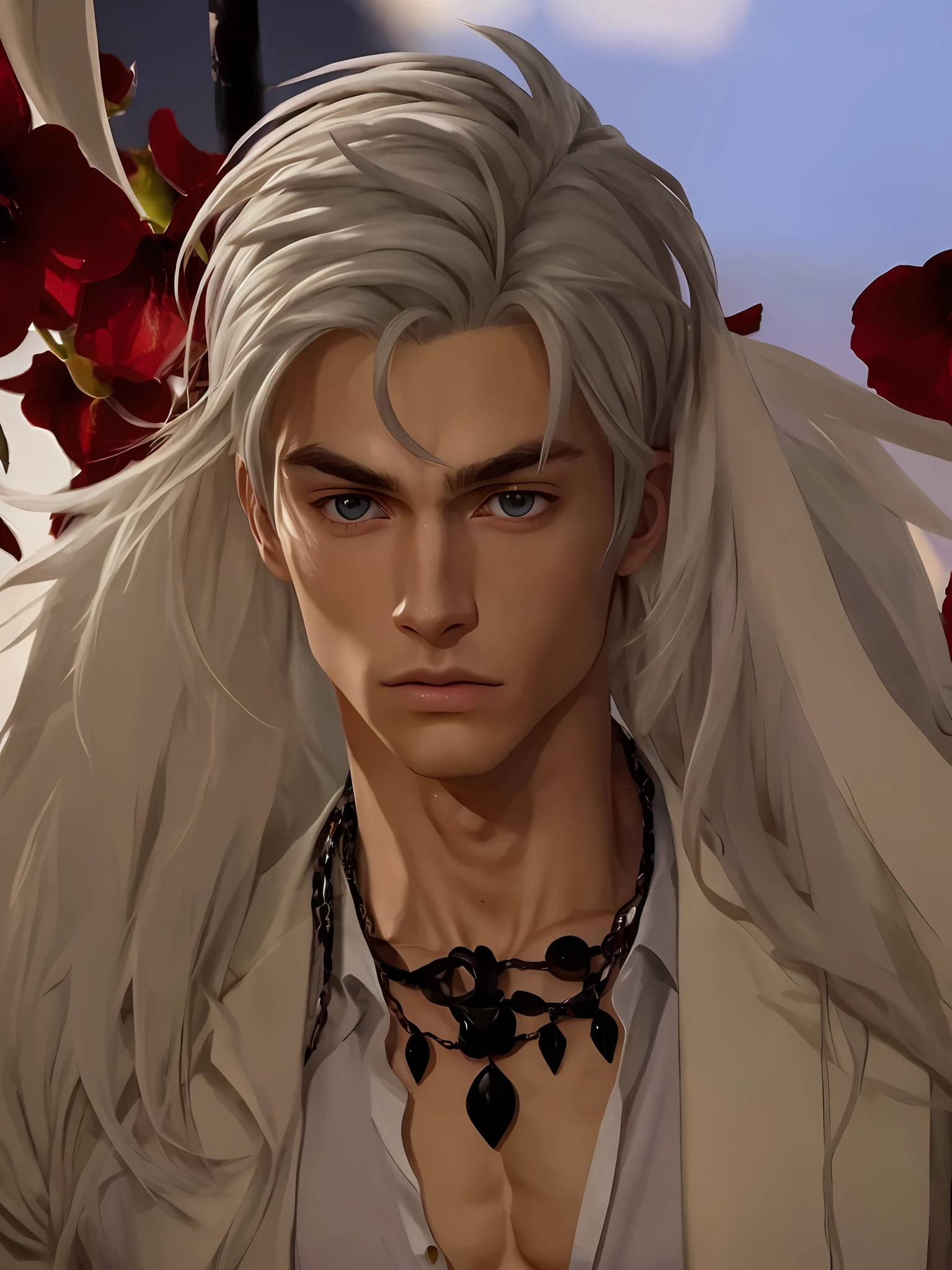 there is a male anime character with a white hair and a black necklace, xqc, delicate androgynous prince, character close up, (masterpiece, ultra quality, high resolution, 8k, intricate: 1.2), (detailed face:1.2), (insanely detailed, bloom:1.5), handsome, manly, detailed skin, pores, absurdres, hunk, 1boy, male focus, ((realistic)), good lighting quality, muscle veins, (pale skin), balanced eyes,