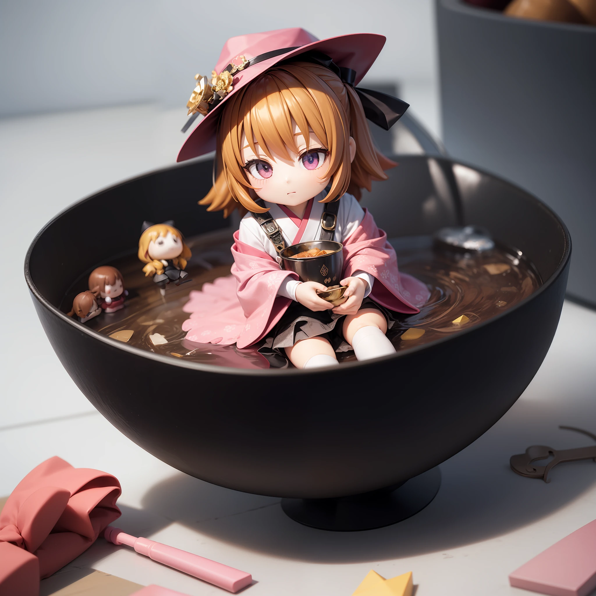 (a small doll with a pink triangular hat), (sitting inside a large bowl), cute 3 d render, cute detailed digital art, cute digital art, cute cartoon character, adorable digital painting, cute! c4d, cute character, pop japonisme 3D, (white background), ultra detailed, by Yu Zhiding, 3d model of a japanese mascot, nendoroid 3d