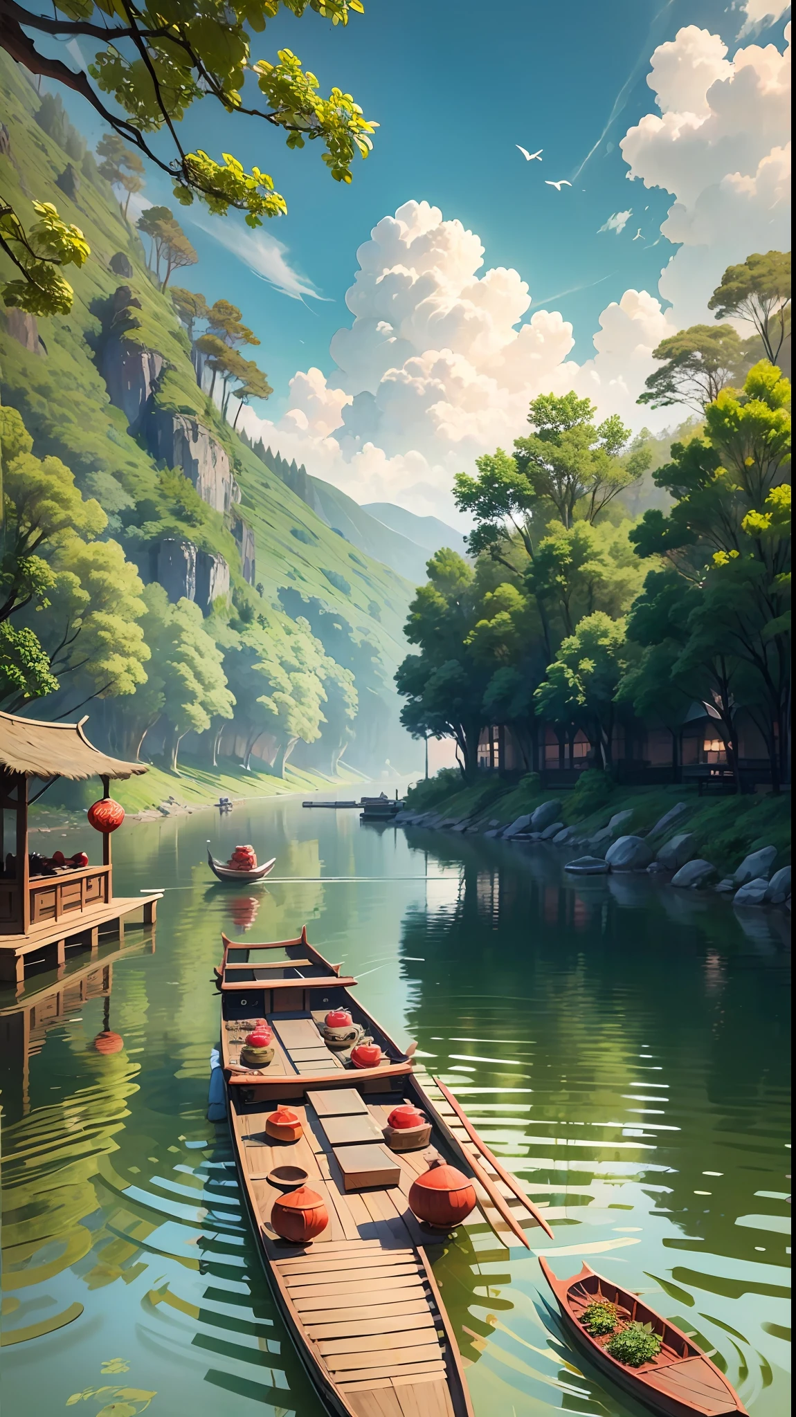 Ultra-clear details, landscapes of small villages by the river, showing a tranquil atmosphere, using top light illumination, with highly saturated green as the main tone, using a golden section composition, in watercolor style to reference the style of artist Turner's work --auto