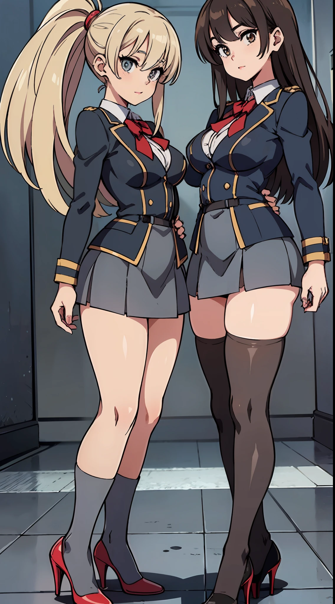 an anime style picture of the two girls in the short skirts and white thigh high socks and high heels, 2girls, fraternwl twins, hazel eyes, long brown curly hair, long blonde curly hair, duo, ((one brown haired girl, one blonde girl, matching faces)), ((gray blazer, gray skirt, gray thigh high socks, black high heels, uniform, matching outfit)), highly detailed face, perfect feet, portrait, full body