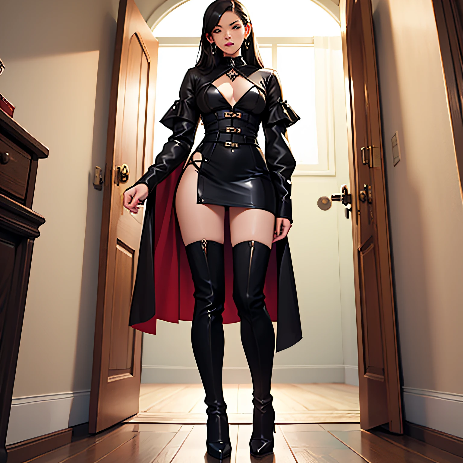 Standing in front of the door in a black dress and thigh boots, high boots, dominatrix, high heels, very sexy costumes, young beauty, sexy costumes, tall and thin beauty goddess, succubus in tight short skirts, mistress --auto