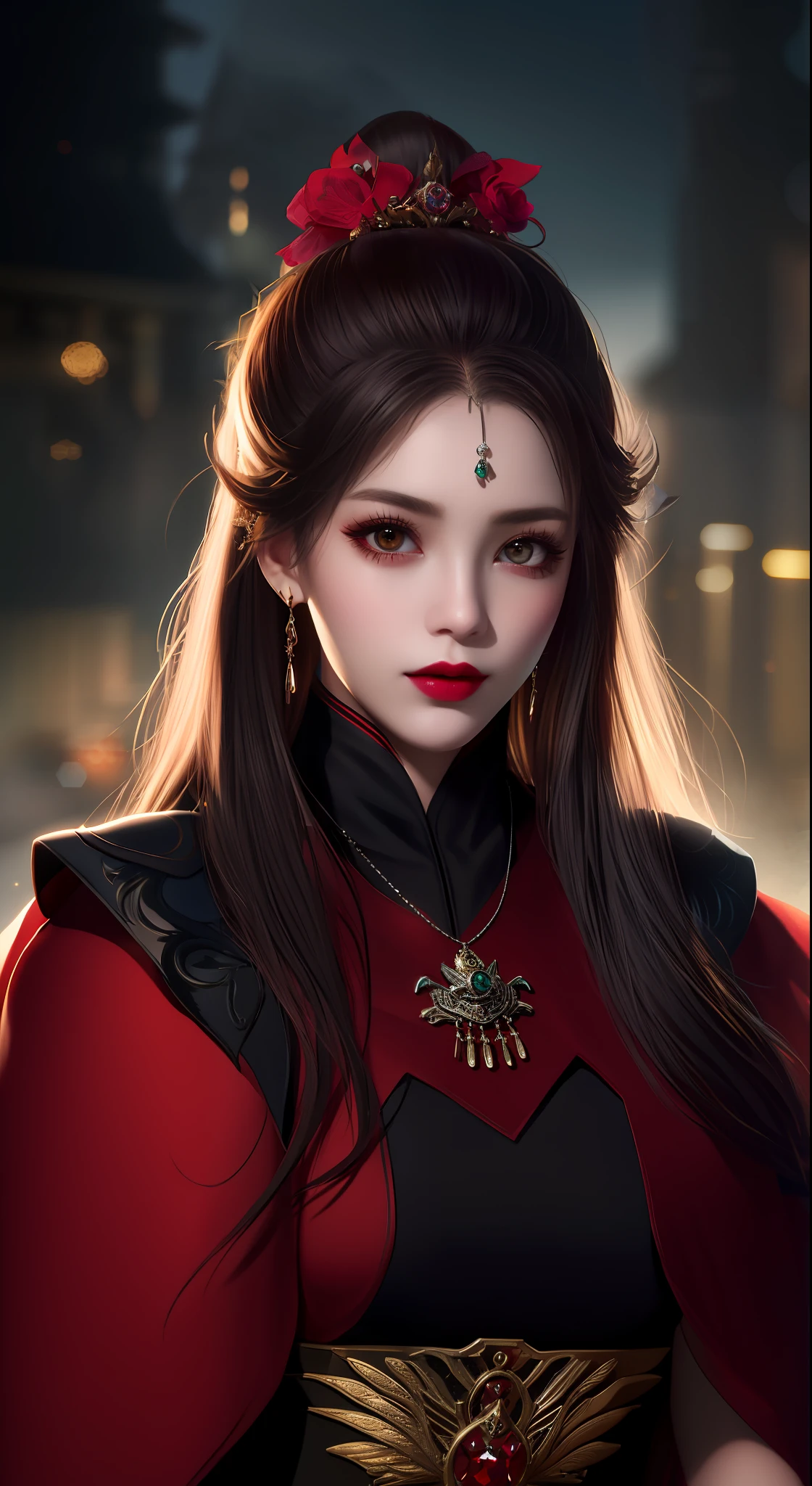 best quality, masterpiece, highres, 1girl, hanfu, white and even teeth, chinese underwear, hair ornaments, necklace, jewelry, crown jewelry. Pretty face, upper body, magic import style, tyndall effect, photorealistic, dark studio, border light, two tone light, (high detail skin: 1.2), 8k uhd, dslr, soft light, high quality, volumetric light, candid, Photo, high resolution, 4k, 8k, Bokeh, (light pink lips), 1 beautiful demon from hell, In the Dark: 1.6), surreal female portraits by David Hockney and Alphonse Mucha, fantasy art, photorealism, dynamic lighting, station art, posters, volumetric lighting, highly detailed faces, super 8k, Awarded, in the dark, deep shadow, low light, cowboy lens, (Red phoenix dress: 1.4), long hair, black hair, bust, palace luxury, Royal style, crown devil, red eyes with very sharp and detailed makeup, Best face, Very big and round and round breasts, Surreal, chinese women's clothes, turtleneck polo shirt, charming smile, Beautiful eyes makeup, guweiz, devil style, black mesh stockings, ponytail with a bow at the back, dark red lips, Devil tattoo on shoulder, wearing a thin red and black shirt , cape, overcast and thundering landscape, (Portrait), Protagonist Close-up, (Background detail 1.8),