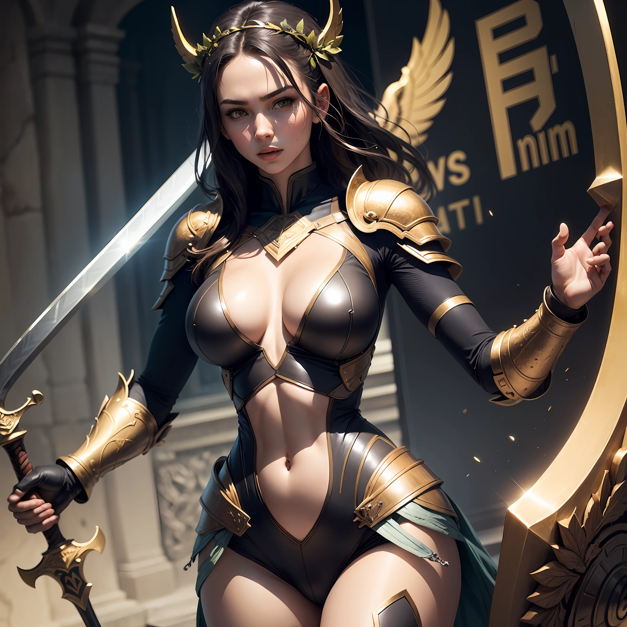 Nike Goddess, shield, sword, laurel wreath, body tight armor, neckline on pectoral, large breasts, thin waist, wide hip, victory pose, full body, realistic, ultra quality --auto