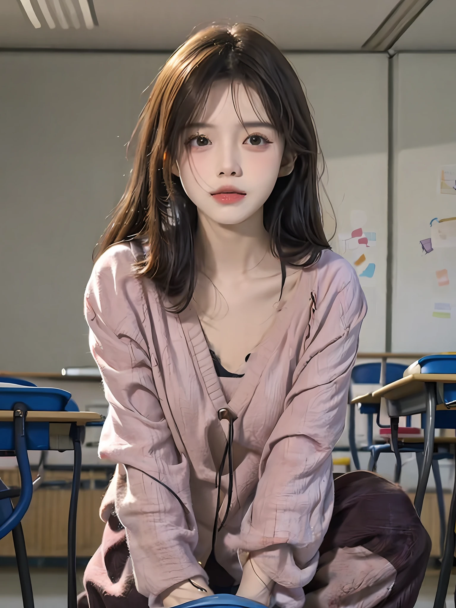 ((masterpiece)),((best quality)), absurdres, 1girl, 1boy, 蹲女牛仔姿势, pov, 蕾丝胸罩，黑丝袜, (classroom:1.1), sunlight, (half-closed eyes:0.4), (parted lips:1.4 ), (鼻红:1.2), 浅笑,1boy,squatting cowgirl position, vaginal, pov,