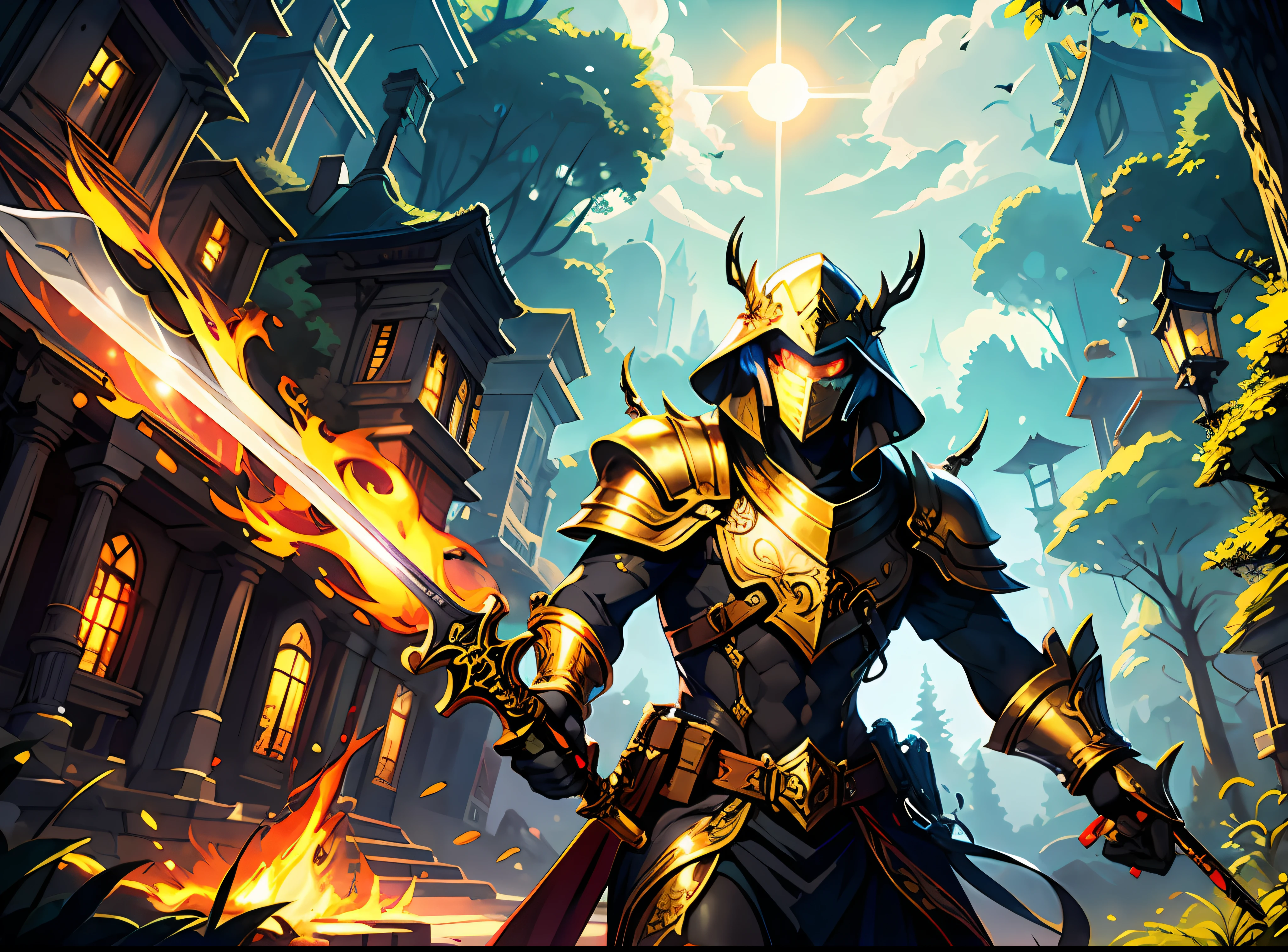 gold, fire, fantasy, glow, sword, nature, light, day, sun, metal, war
