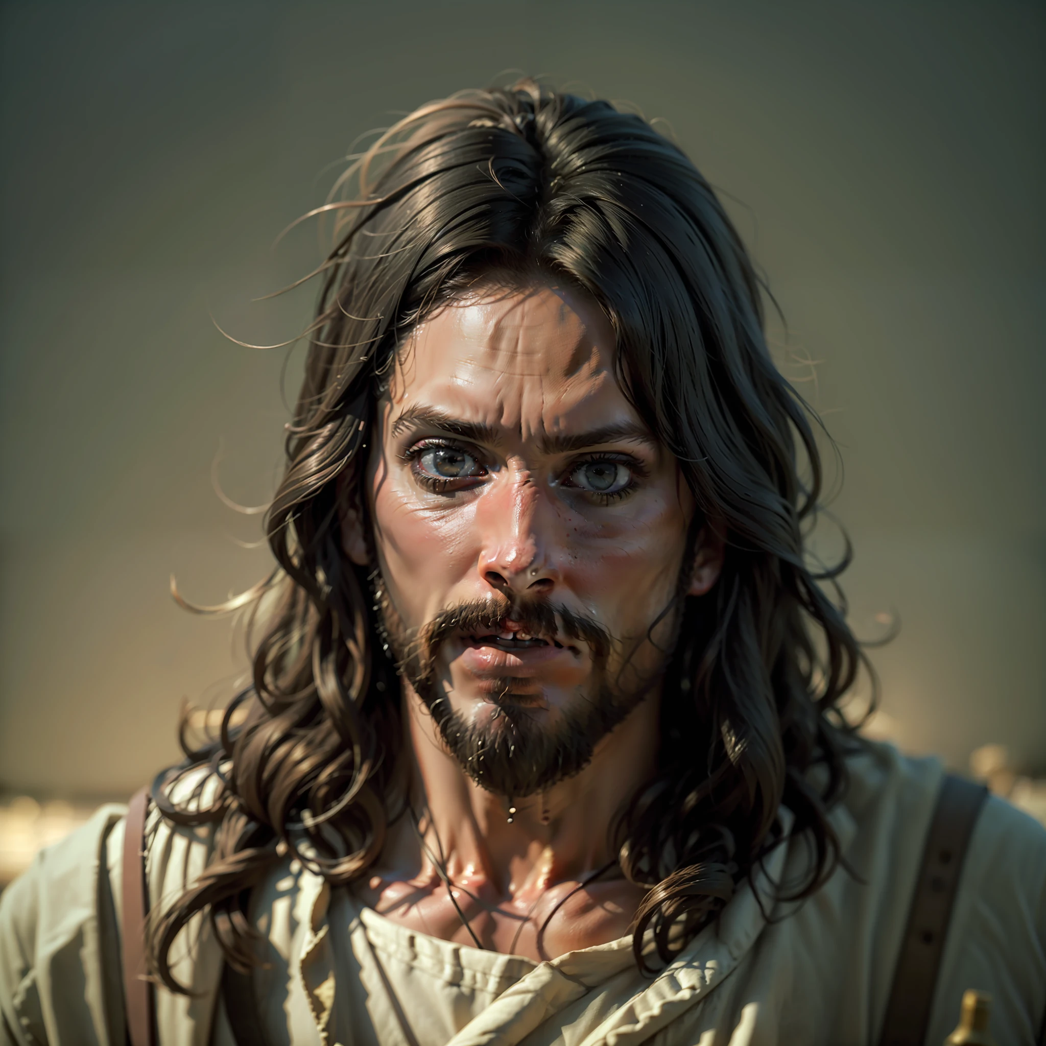 portrait of modern jesus, war scene, middle east, hill, israel, jerusalem, cinematic lighting, depth of field, bokeh, realism, photorealistic, hyperrealism, professional photography, uhd, dslr, hdr, 4k