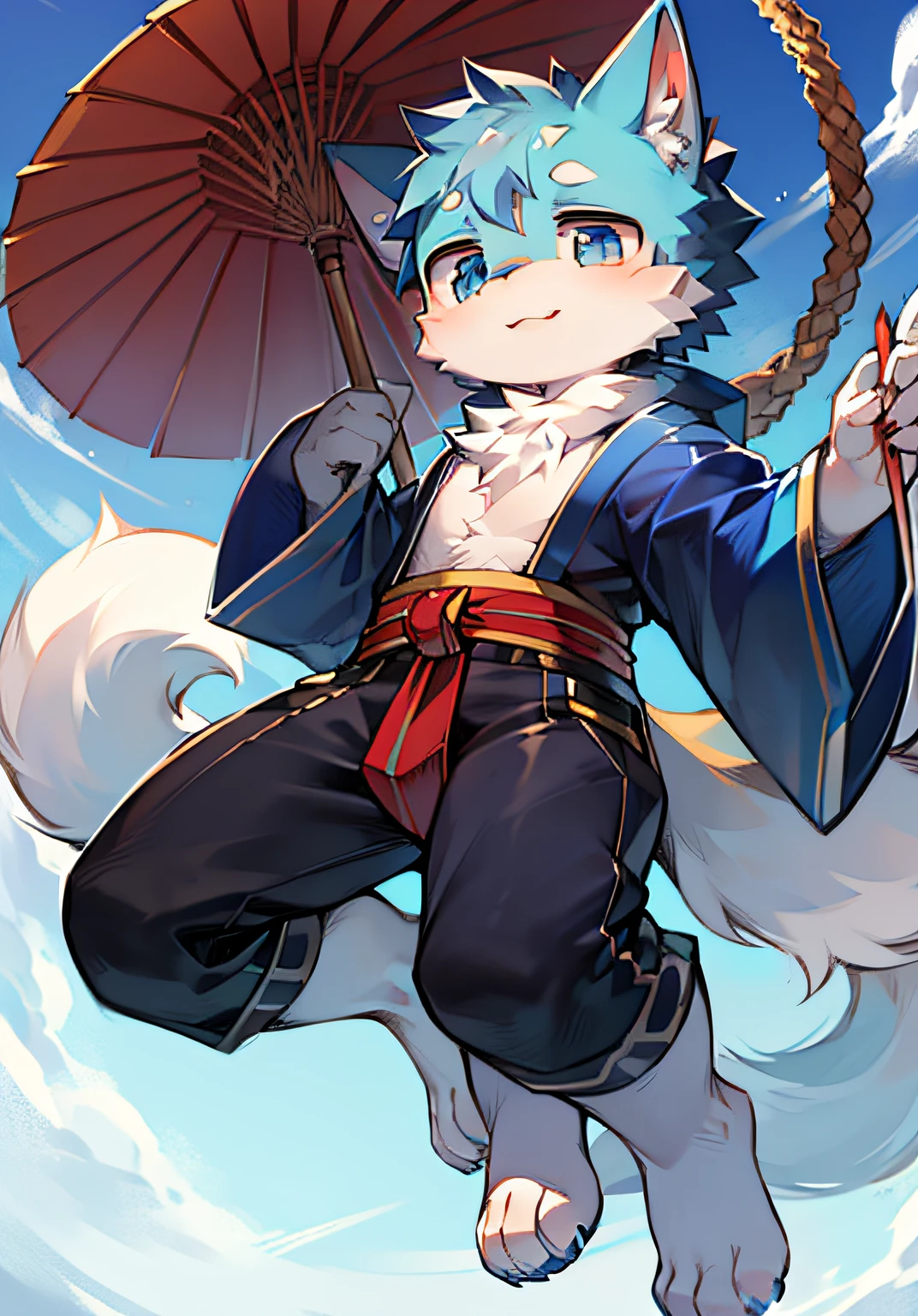 Hairy male, full body fur, fluffy tail, white fur, sky blue fur, juvenile, cute, Japanese, shota, indigo eyes