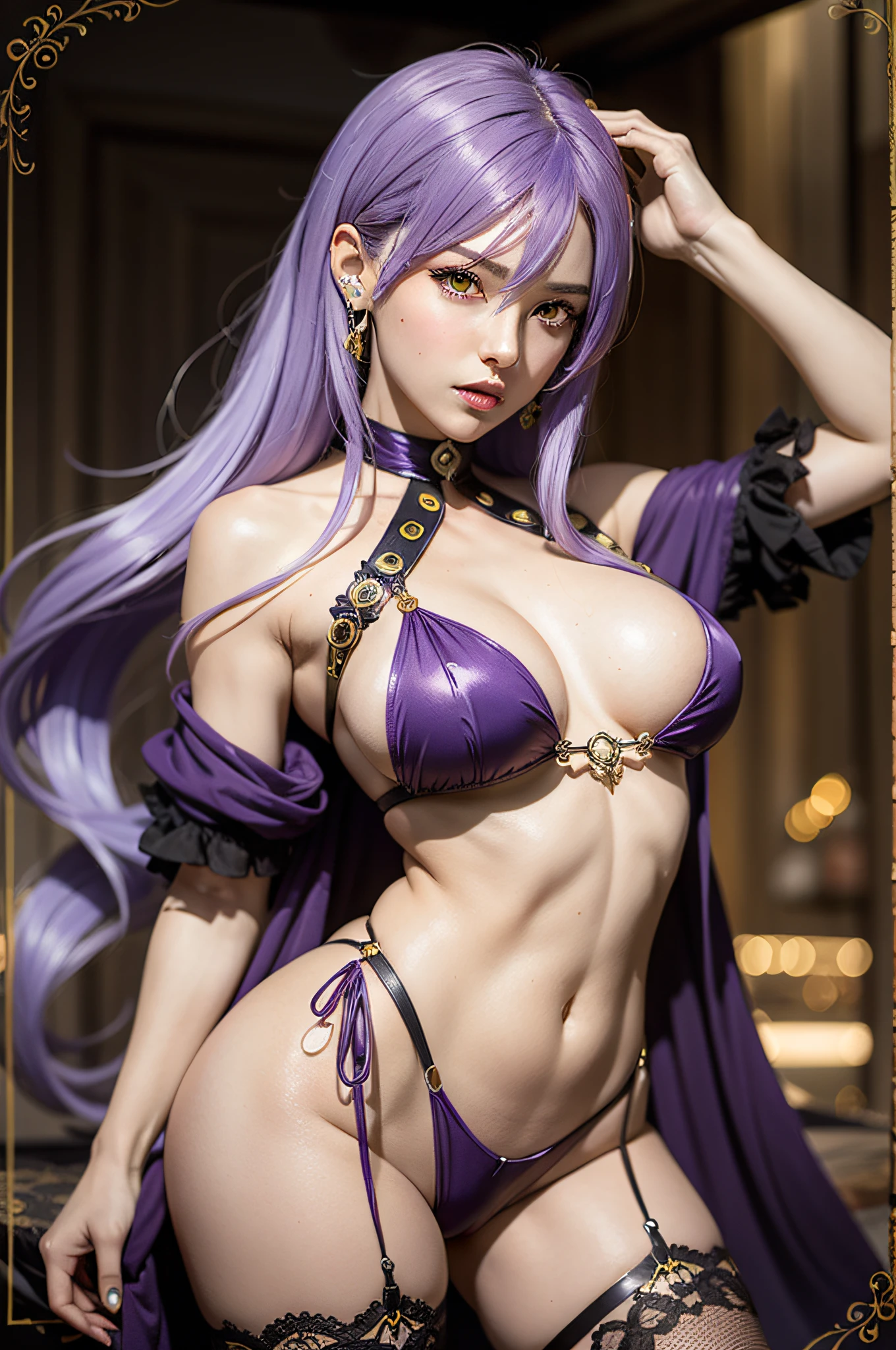 masterpiece, best quality, ultra detailed, woman purple hair, yellow eyes pirate body interio