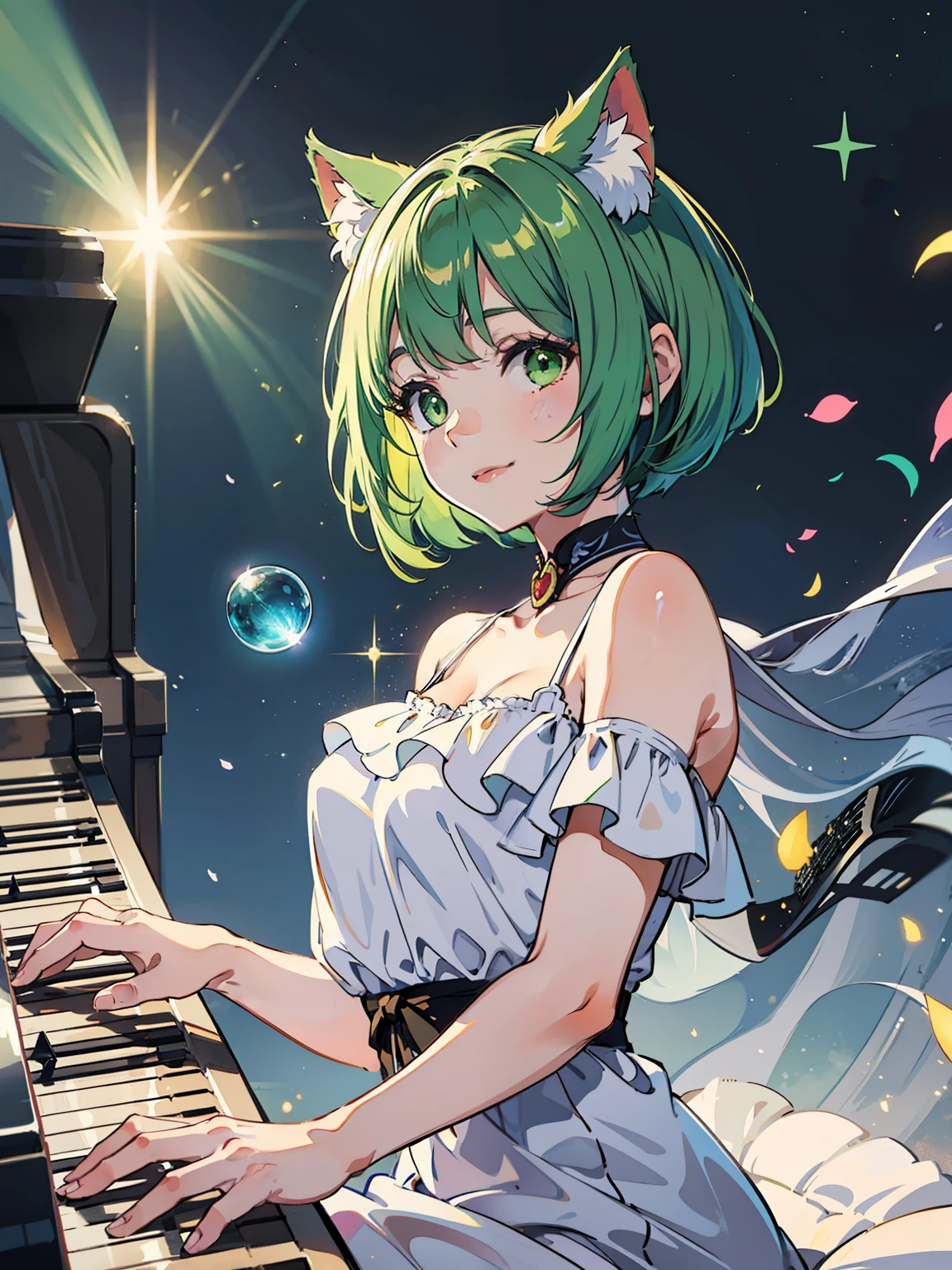A smiling cat girl (short green bob hair, green eyes) is dressed in a white dress and sits in front of a piano and performs. Blue glowing notes rise from the piano keys, and many particles of light soar and shine, a fusion of mystical atmosphere and beautiful music, dynamic poses