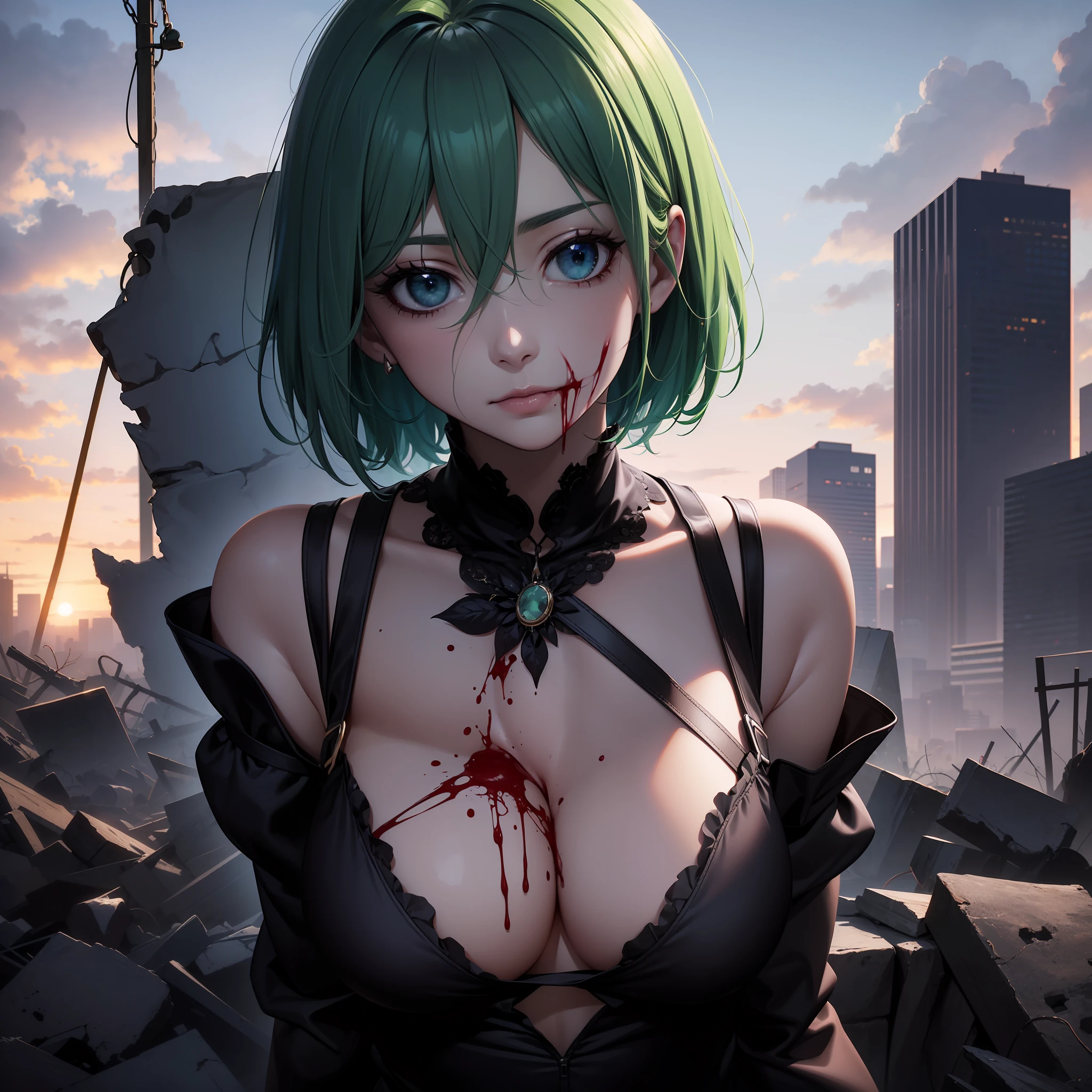 1 Woman, Aesthetic: 1.2), (High Resolution, Absurd Resolution, 8K Resolution, 4K Resolution: 1.3), (Complex, Complex, Retouched Images, HDR: 1.8), (Sharp Focus: 1.5), (Digital Painting: 0.8), (Anime: 1.8), Color Grade, Portrait, Soft Lighting, Intense Shadows, Detailed Background, Ruins, Blood, Zombie Girl, Slender Waist, Sexy Legs, Big, horror, mint green hair, short hair, blue eyes