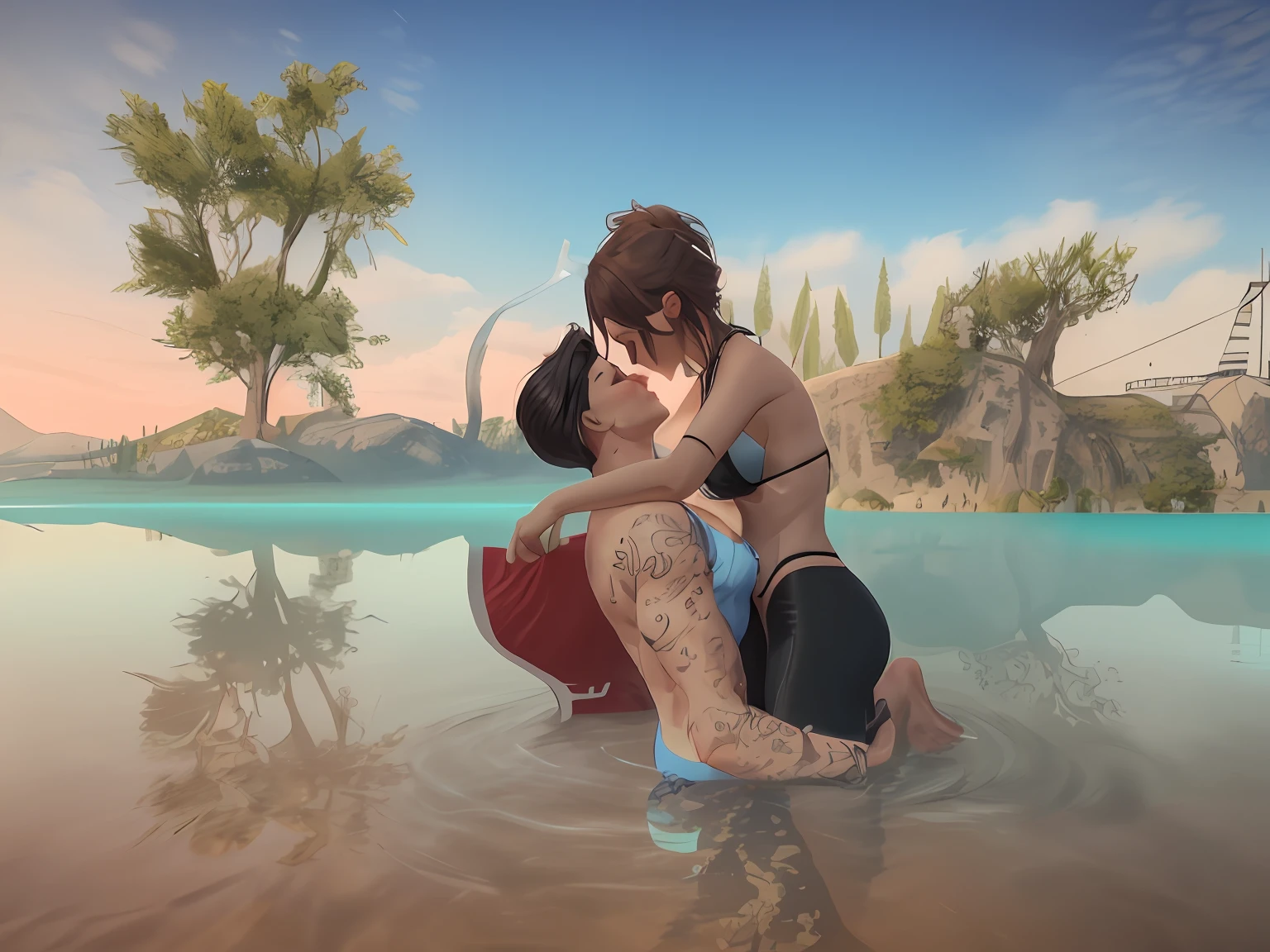 there is a man and woman in a bikini in the water, couple pose, on a lake, secondlife, kissing together cutely, second life avatar, kissing together, in a lake, in lake, island, at the waterside, kiss, romantic couple, lascivious pose, snapshot, elegant pose, kissing, intertwined full body view