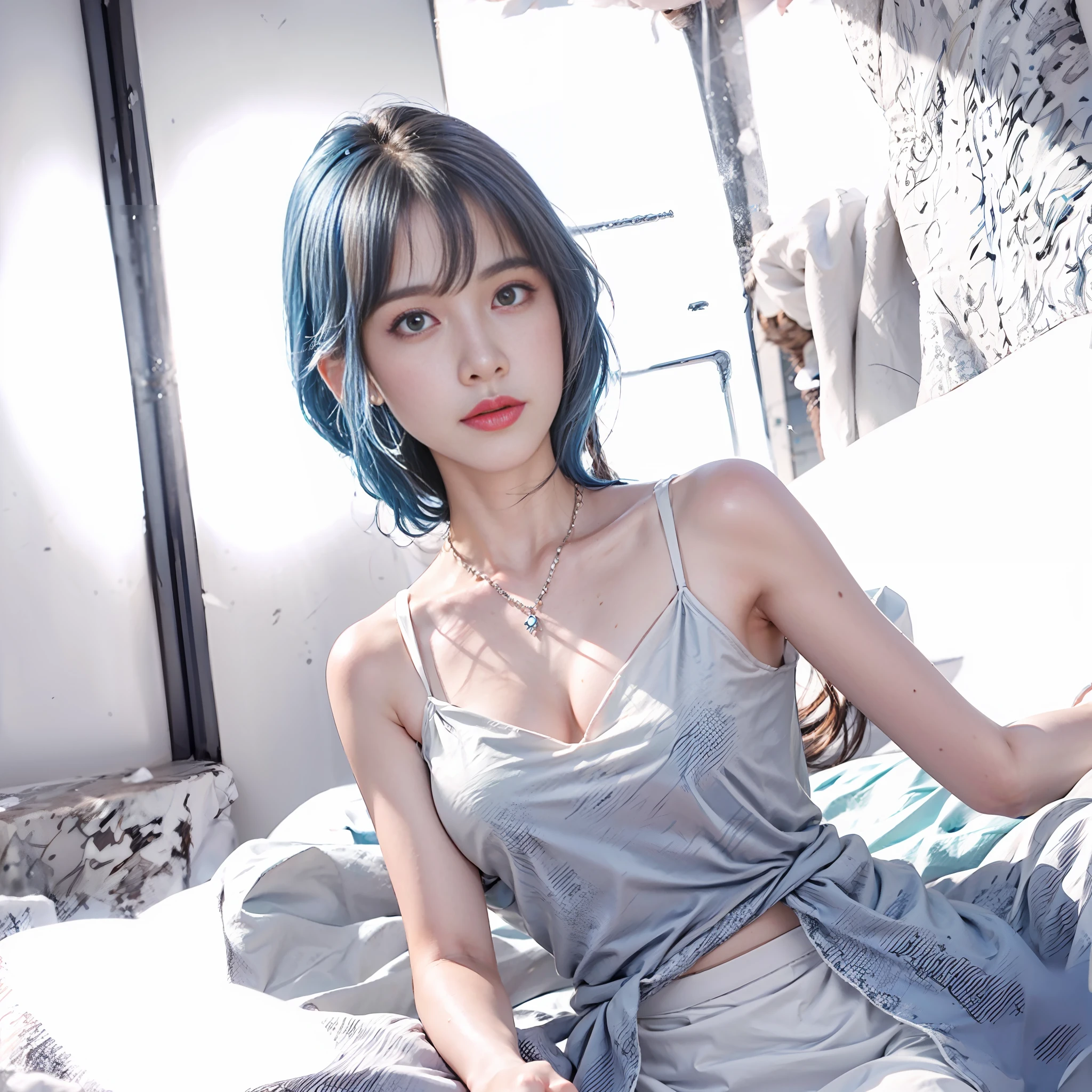 (RAW photo, best picture quality), (realism, realism: 1.3), best picture quality, high detail, masterpiece, hyper detail, illustration, girly, upper body, messy long hair, best picture quality, extremely detailed CG uniform 8k, low head, slip dress, lots of blue white, blue pendant, (blue pupil: 1.2), (sky blue hair: 1.2), short skirt