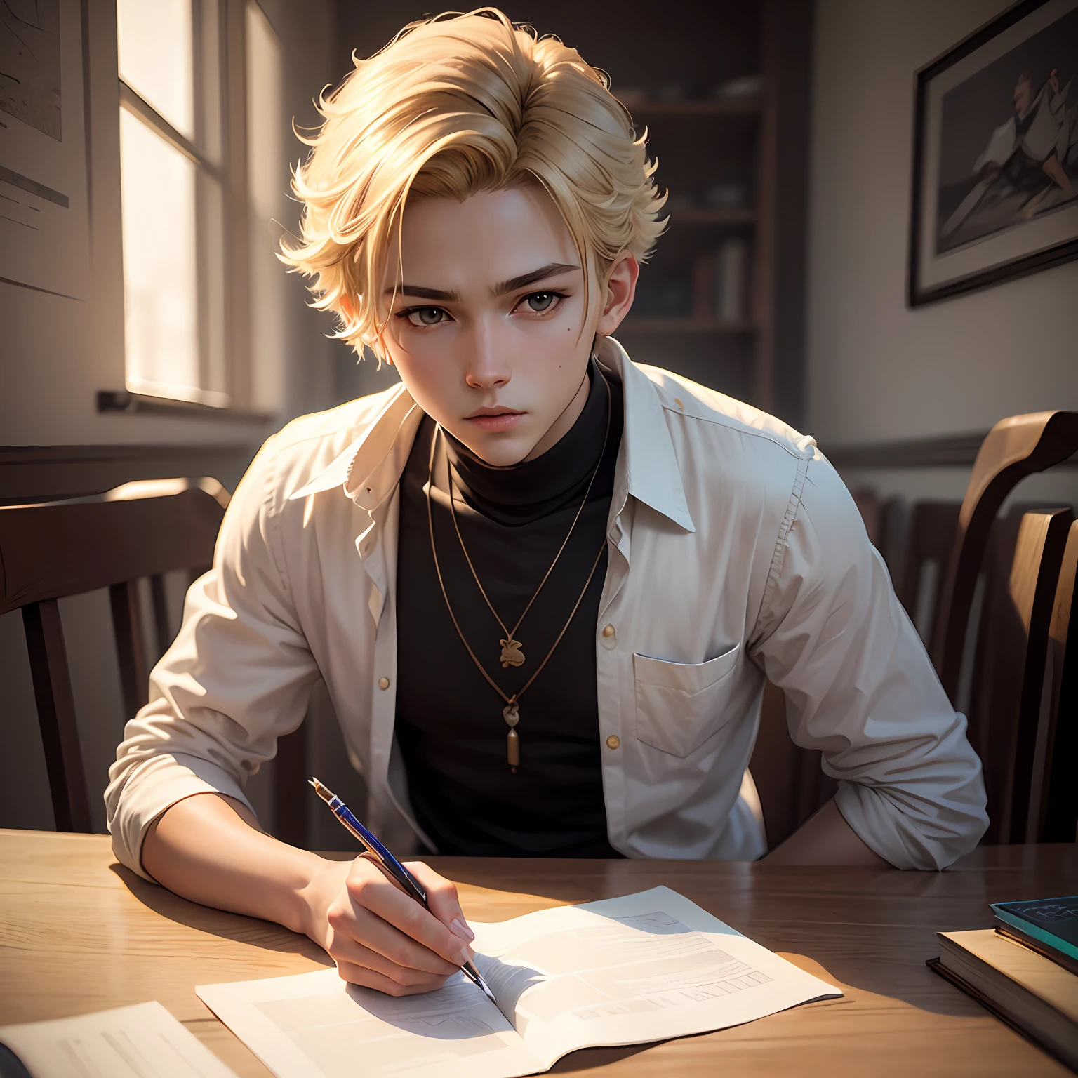 blond boy sitting at a table with a book and pen in front of him, realistic anime artstyle, anime realism style, realistic anime 3 d style, artwork in the style of guweiz, book portrait, realistic anime art style, realistic young anime boy, realistic cute boy painting, photorealistic anime boy render, realistic artstyle, anime realism, realistic art style --auto