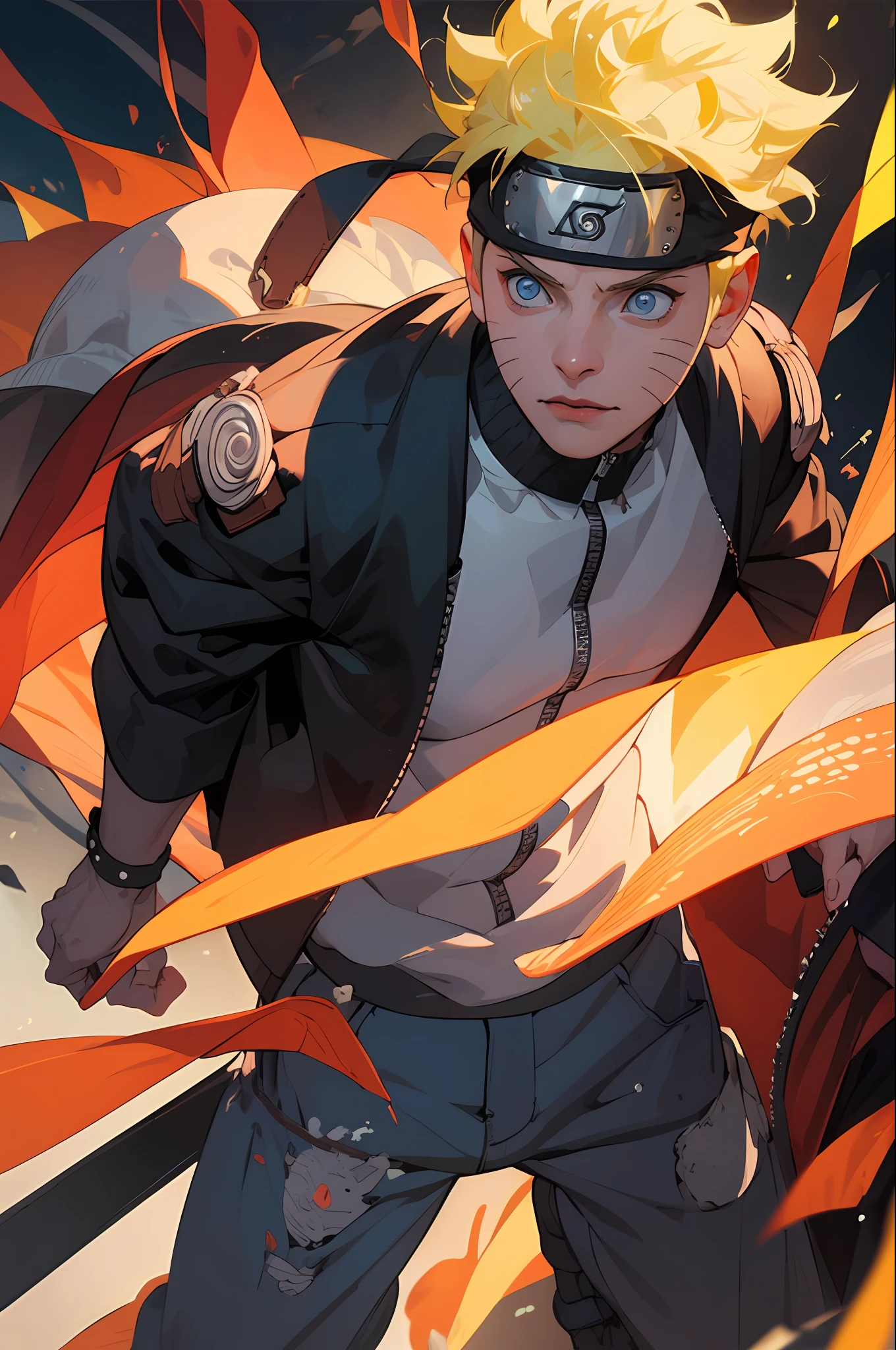 boy, (masterpiece), beautiful body, model, detailed face, detailed skin, front, unzoom, hyper-detailed painting, luminism, complex, Artgerm, , magic boy, naruto uzumaki, full outfit, leather pants, studded fashion harness belt