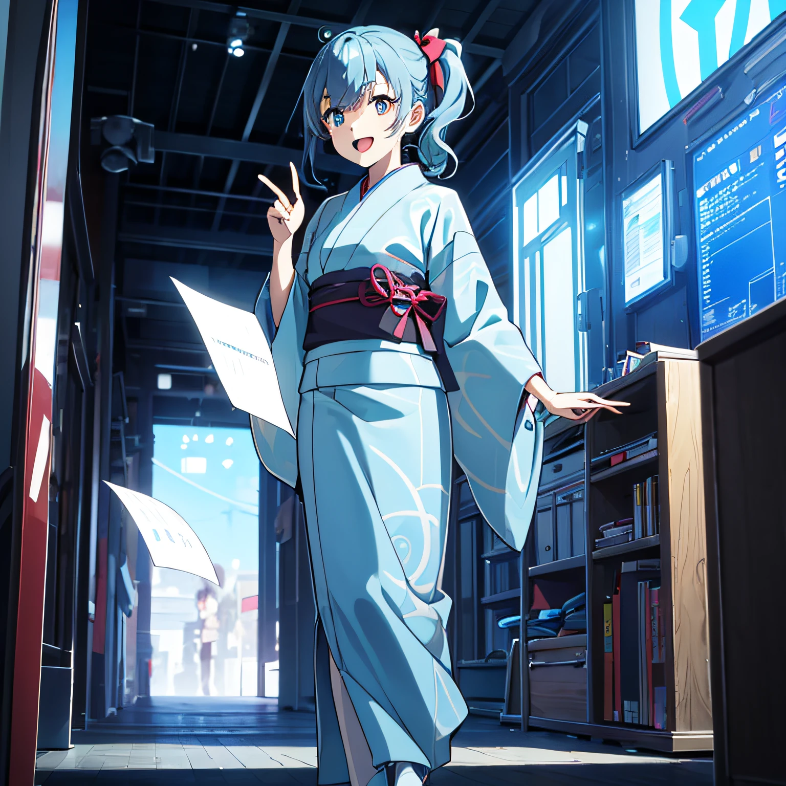 masterpiece, (Best Quality:1.4),(Perfect Anatomy:1.4), High Quality, very_high_resolution, Super Detailed, One Beautiful Girl, Solo, Anime Character With Paper Mask on Head, Rimuru, Full Body in Costume, Live2D Virtual YouTuber Model, Full Face Shot of Rimuru Tempest, Magic School Student Uniform, Anime VTuber Full Body Model, 2D Anime, Anime Character, Tensei Shiraku Raim Dattaken, 2D Anime Style, Yukata, {heterochromia,pale blue eyes,pale green eyes:1.5}, silhouette of star eyes, standing figure, happy, :d, (chibi:0.8), BREAK, (( Pale blue hair, side ponytail of left:1.5)), fine hair, wearing Jinbei